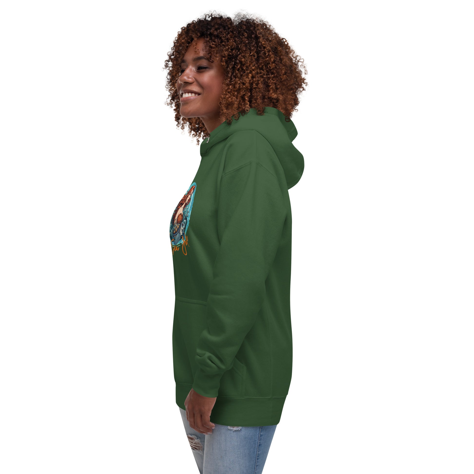 a woman wearing a green hoodie with an eagle on it