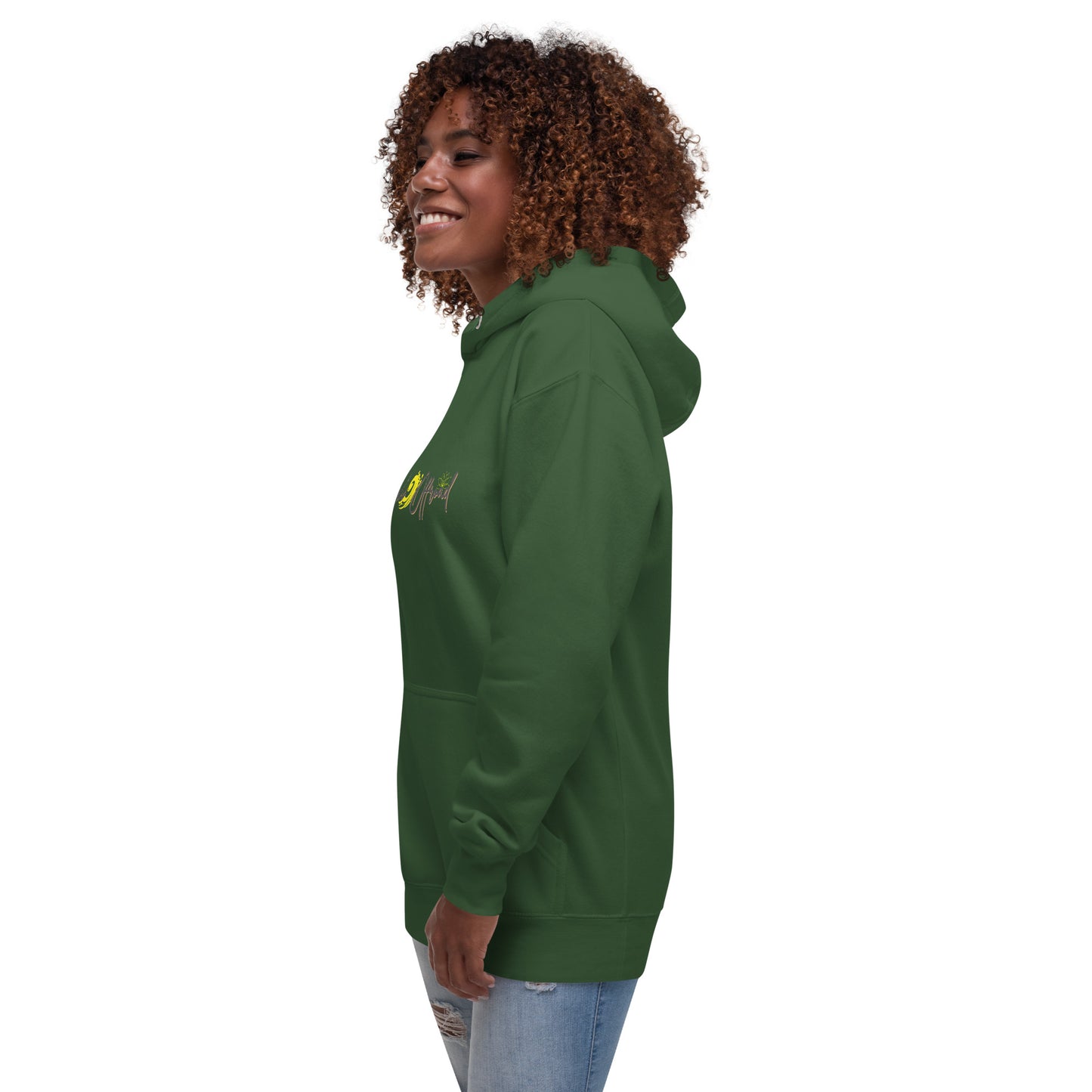 a woman wearing a green hoodie with a yellow bird on it