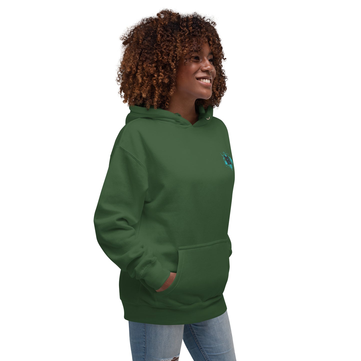 a woman wearing a green hoodie with a green logo