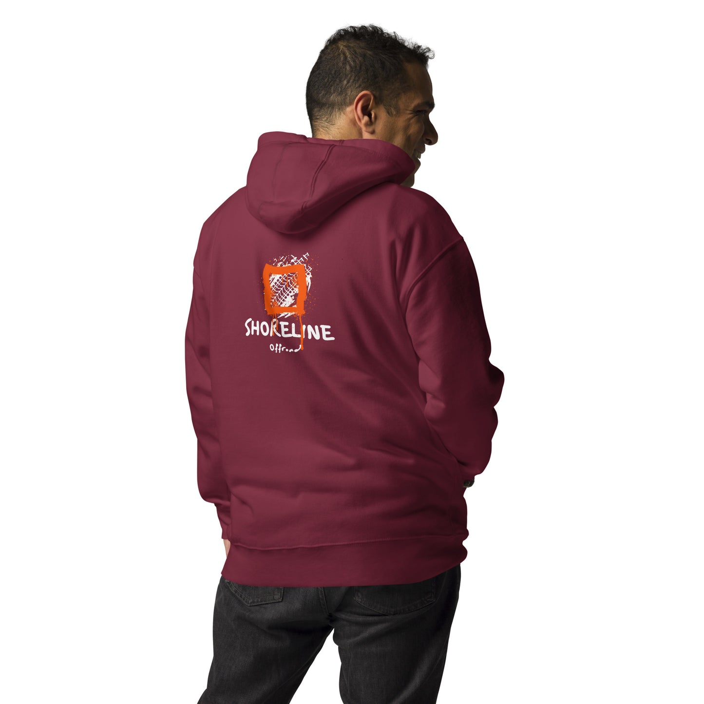 a man wearing a maroon hoodie with the words shoreline on it