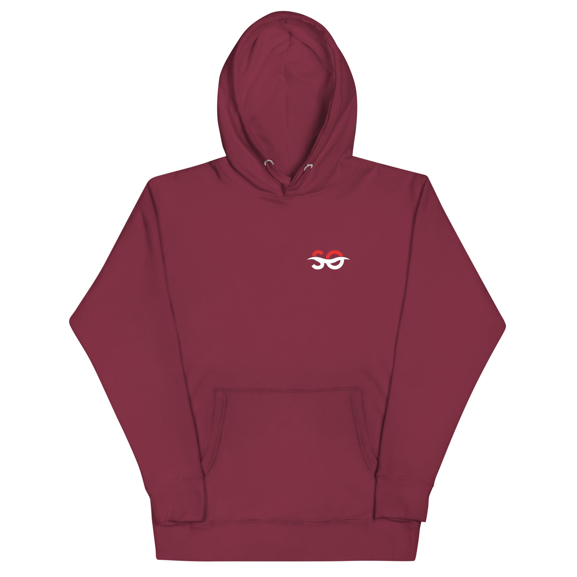 a maroon hoodie with a white eye on it