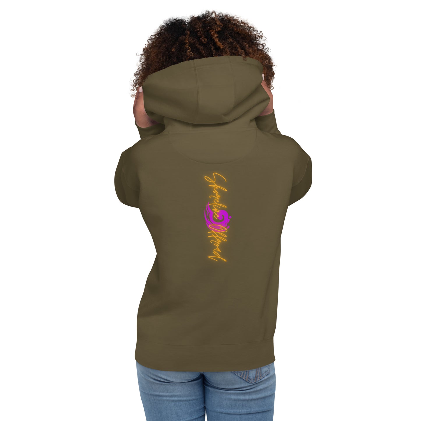 a woman wearing a hoodie with a dragon on it