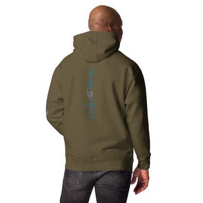 a man wearing a brown hoodie with blue writing on it