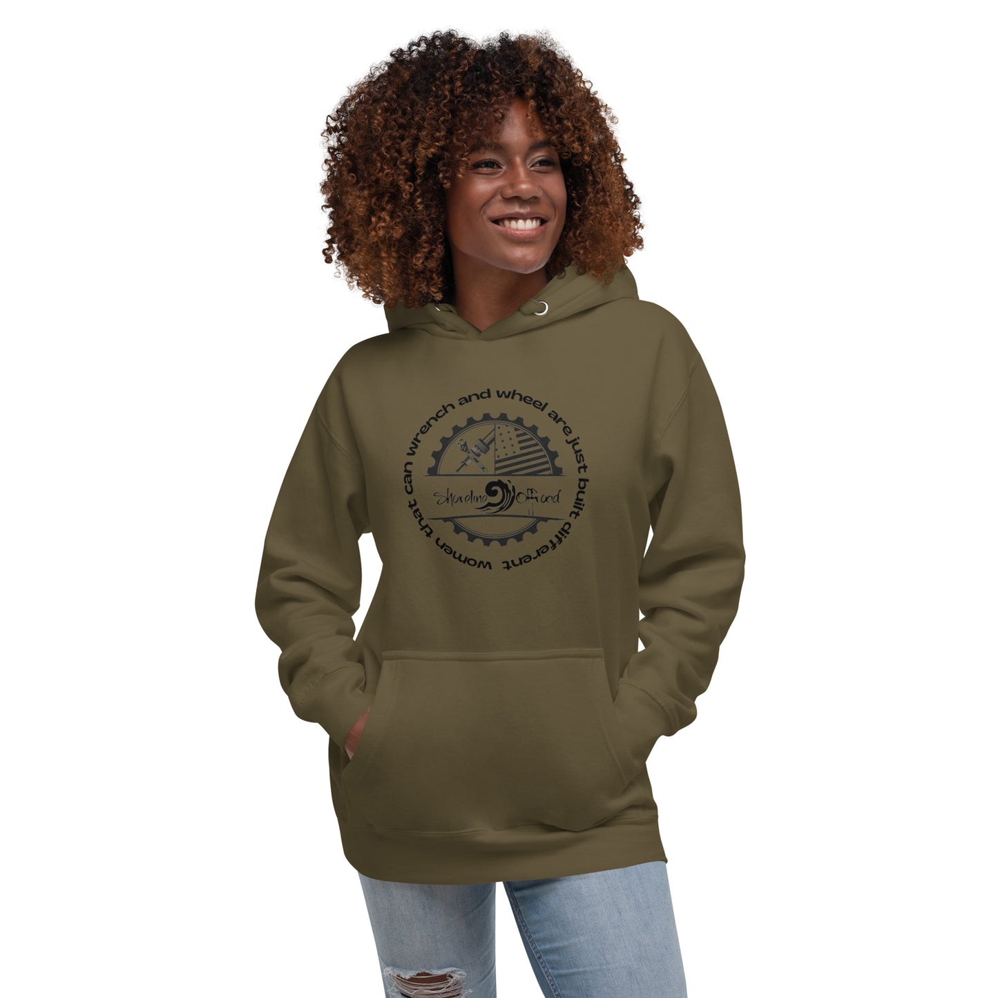 a woman wearing a brown hoodie with a mountain scene on it