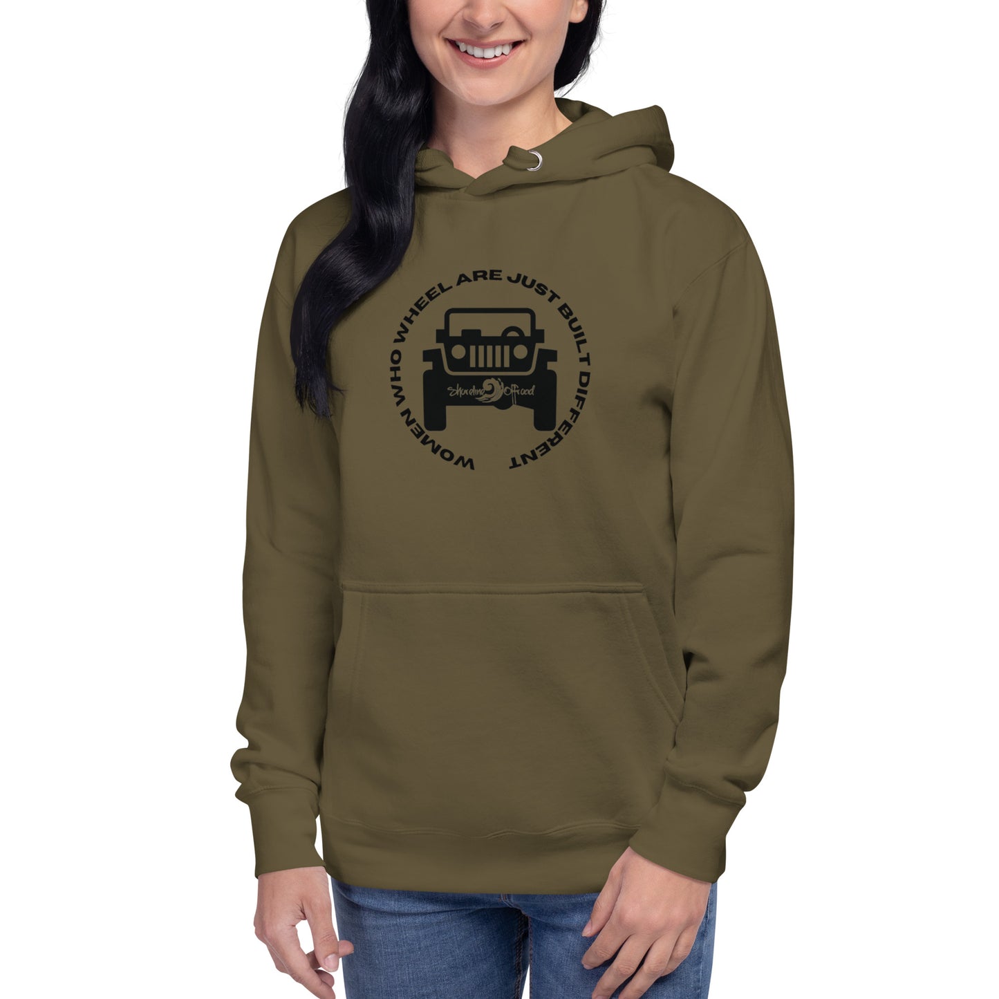 a woman wearing a brown hoodie with a jeep on it