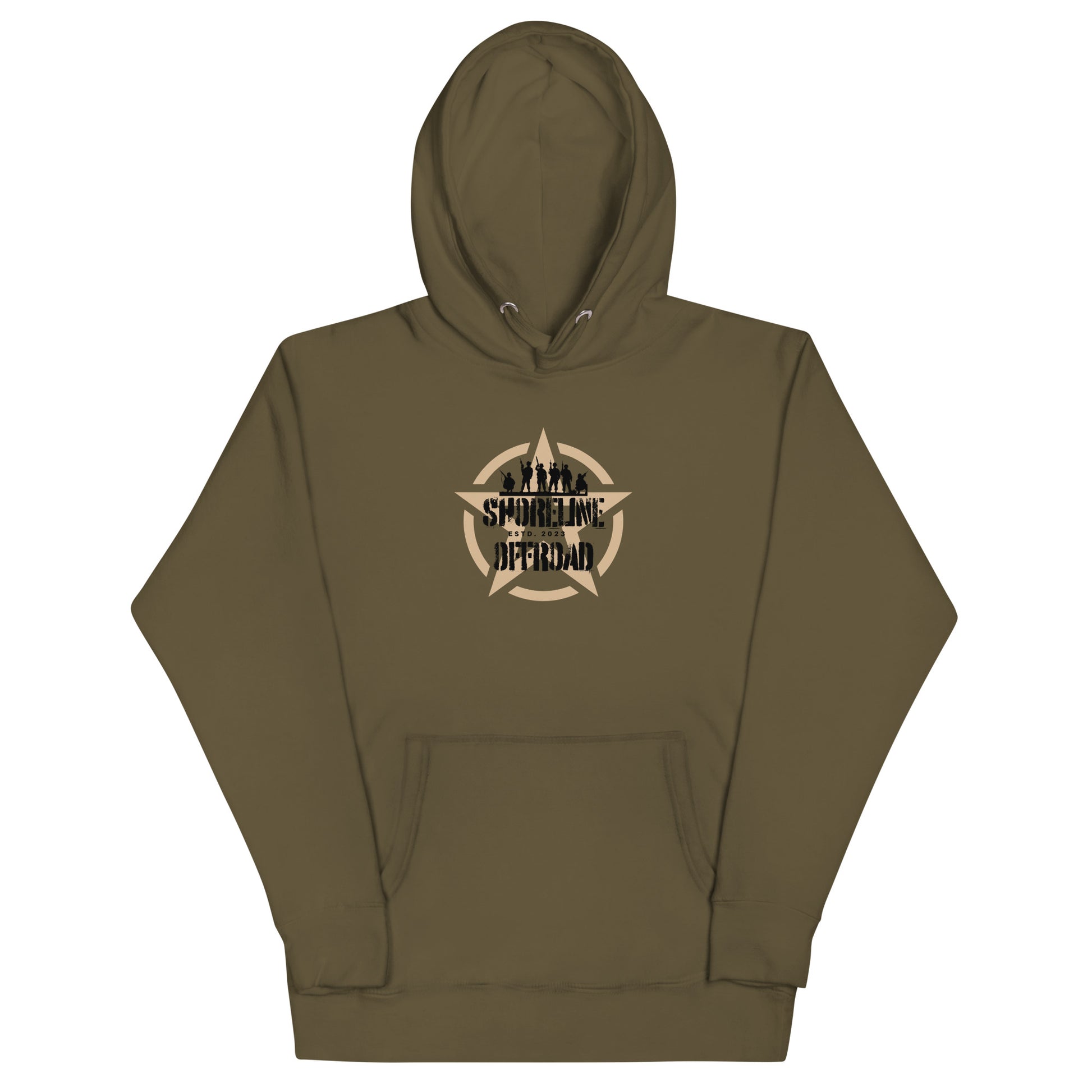 a brown hoodie with a black and white design on it