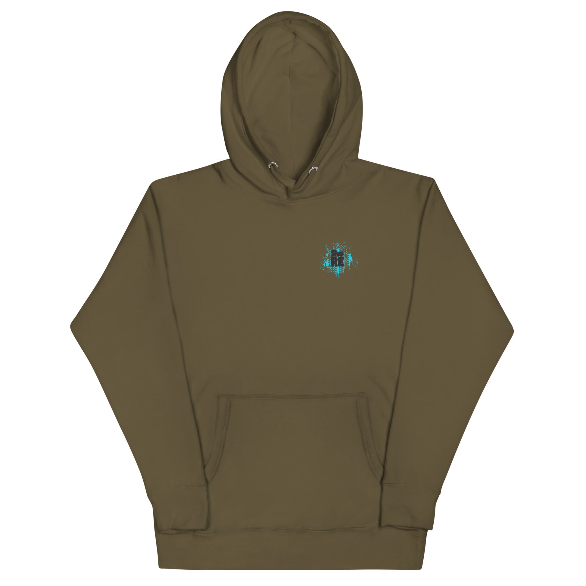 a brown hoodie with a blue logo on it