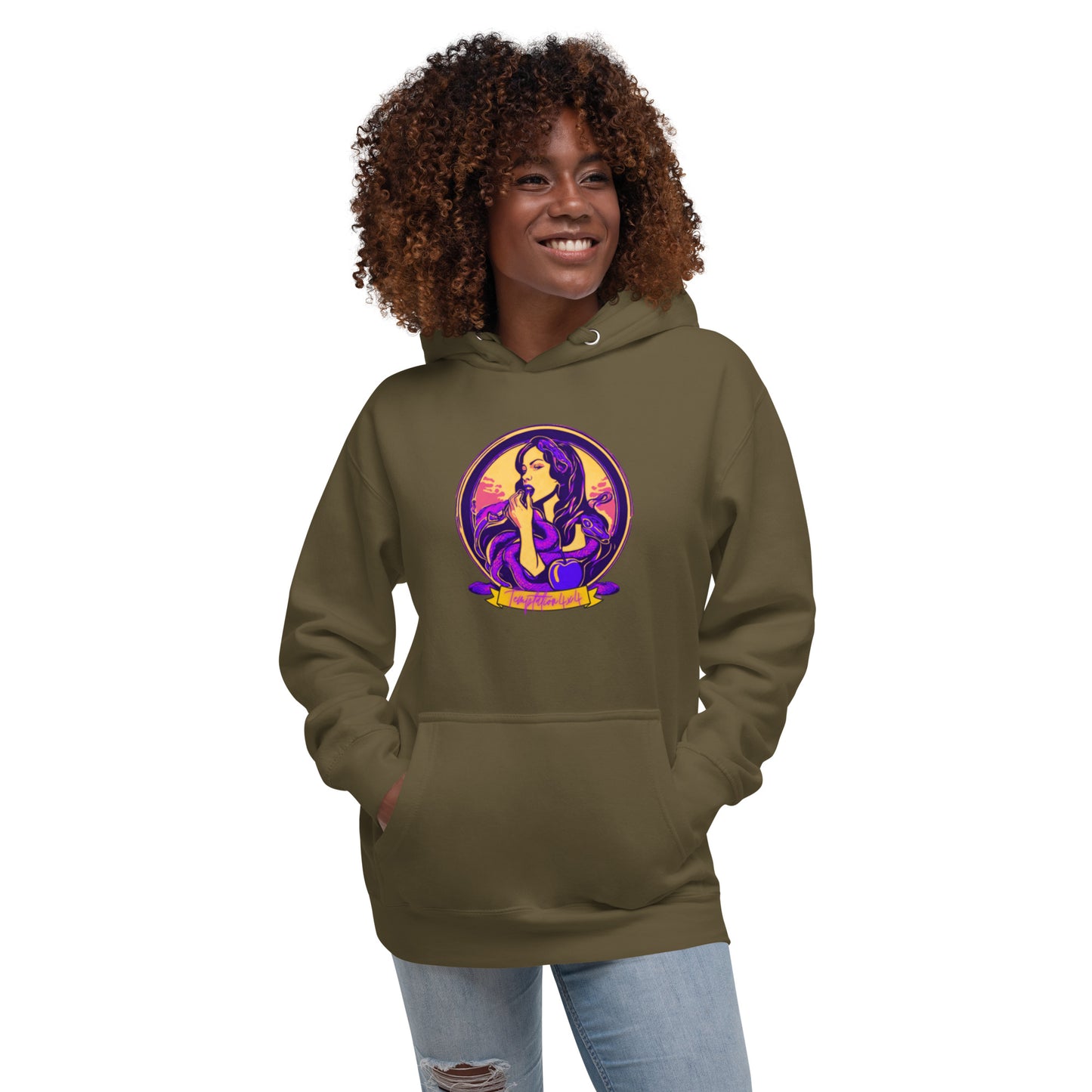 a woman wearing a brown hoodie with a picture of a mermaid on it