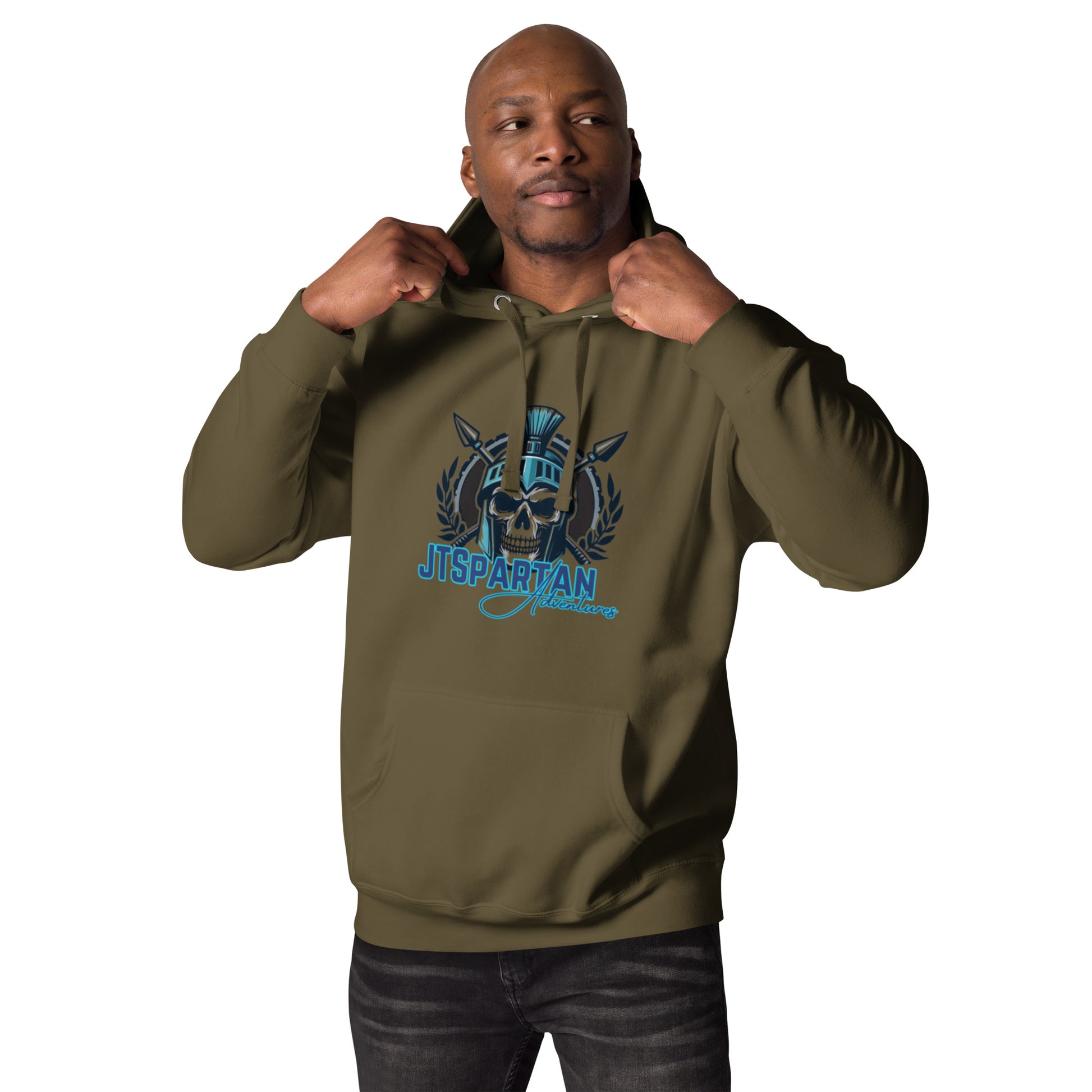 a man in a green hoodie is posing for the camera