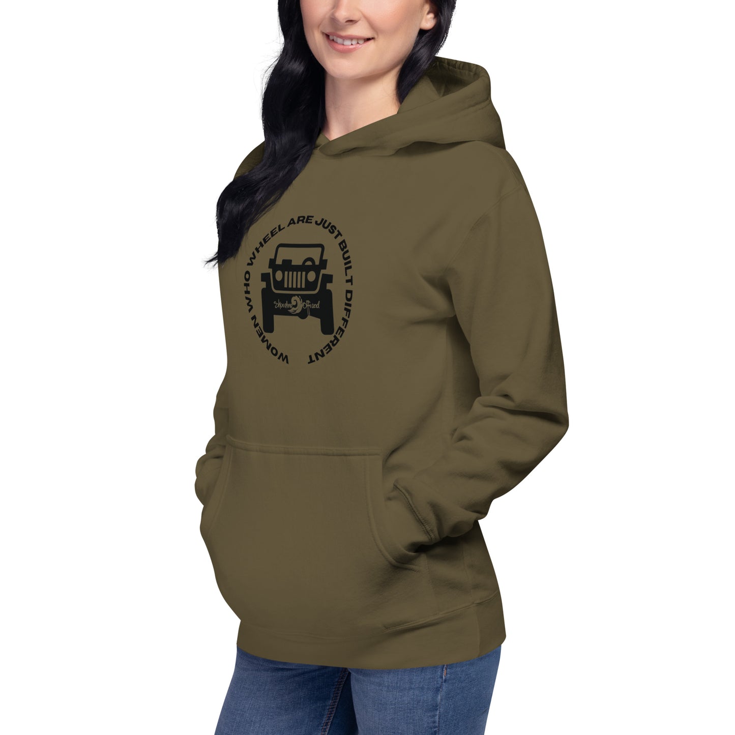 a woman wearing a brown hoodie with a tractor on it