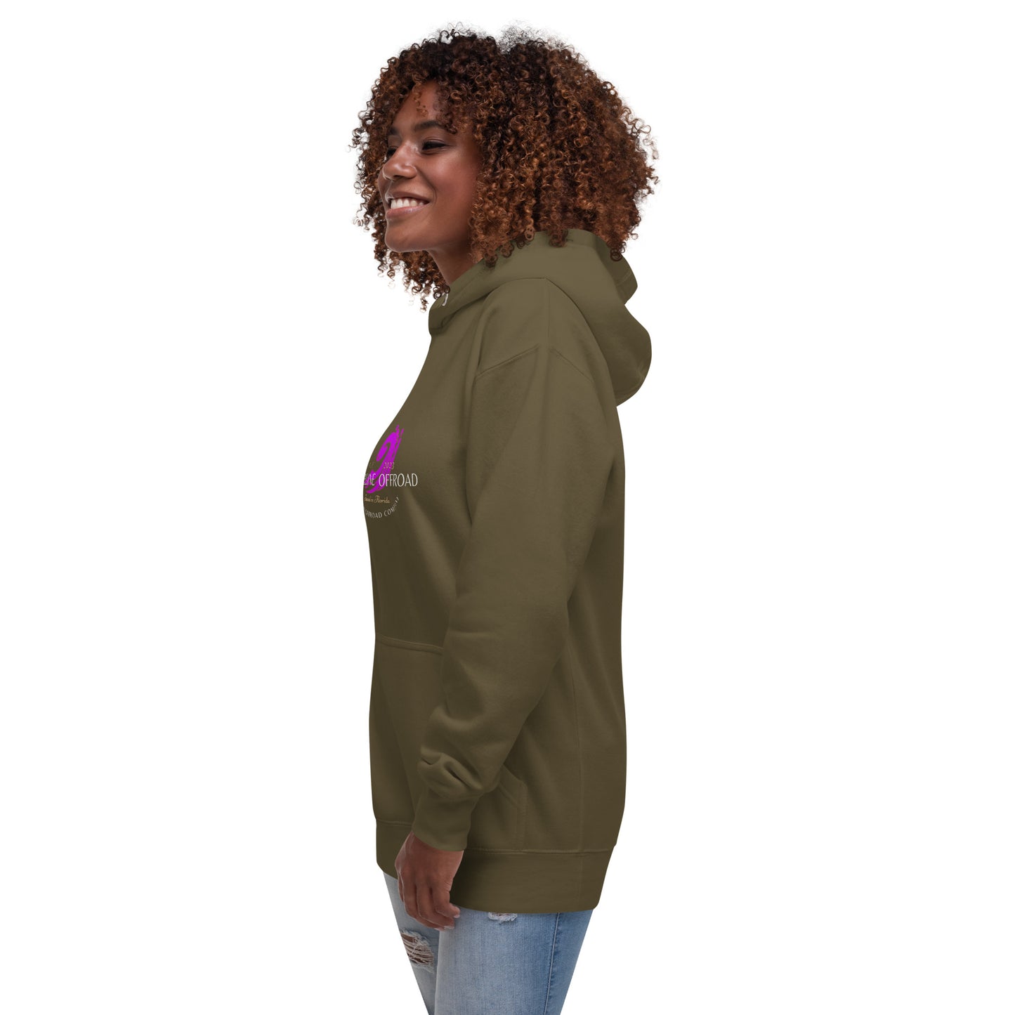 a woman wearing a green hoodie with a purple logo