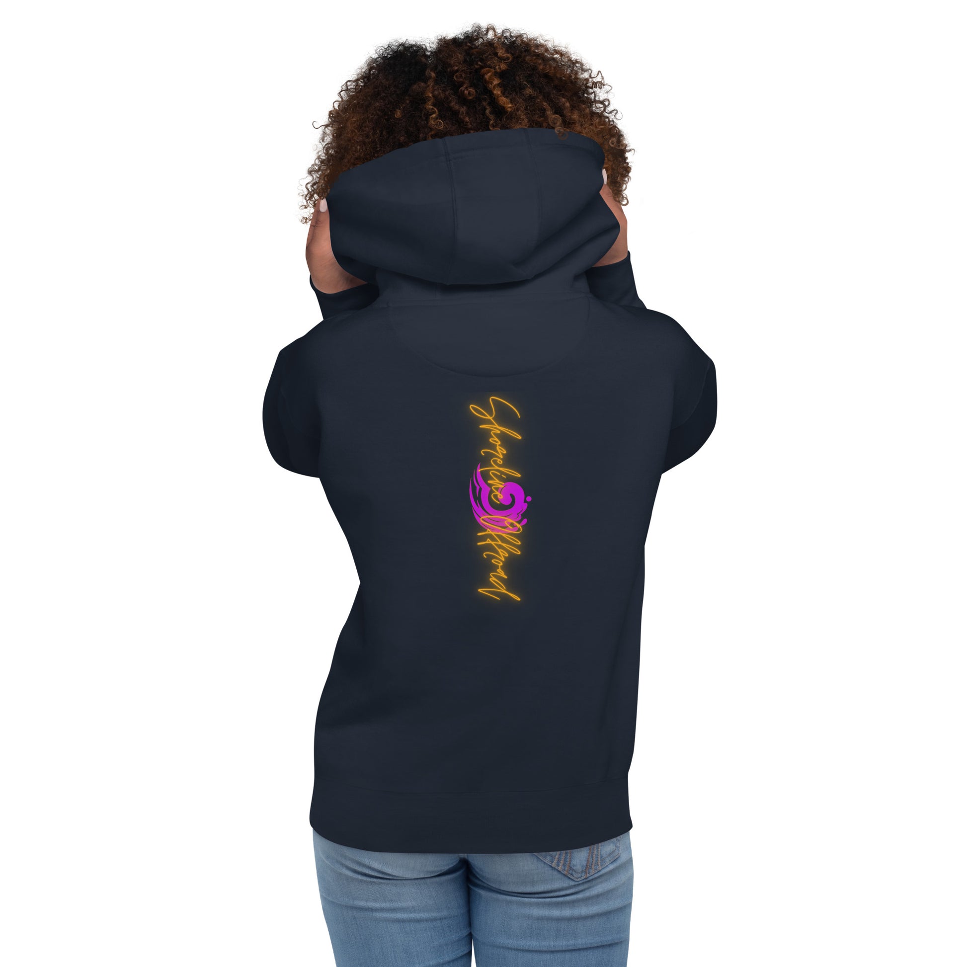 a woman wearing a hoodie with a dragon on it