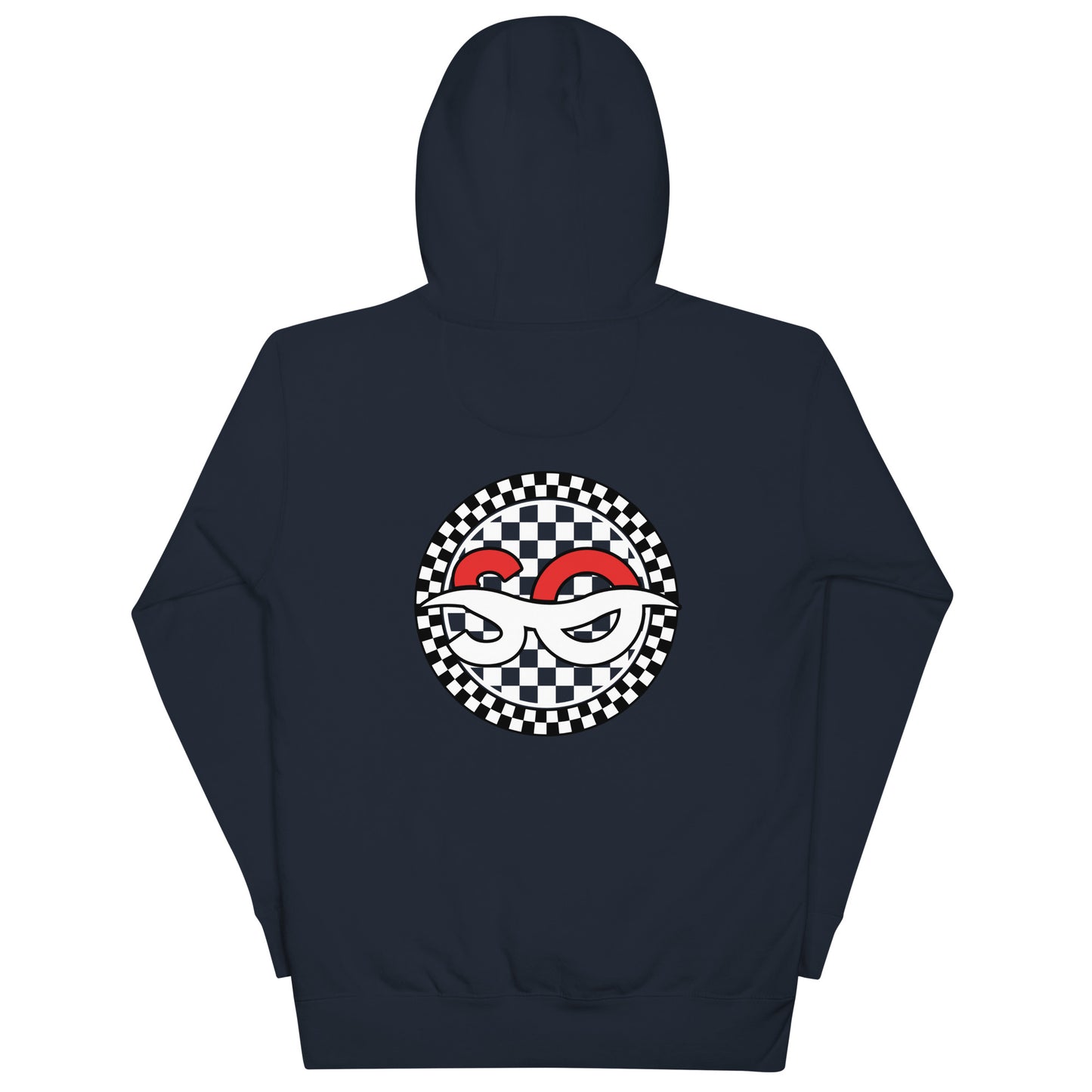 a black and white checkered hoodie with a red and white mask on it