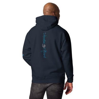 a man wearing a dark blue hoodie with blue writing on it