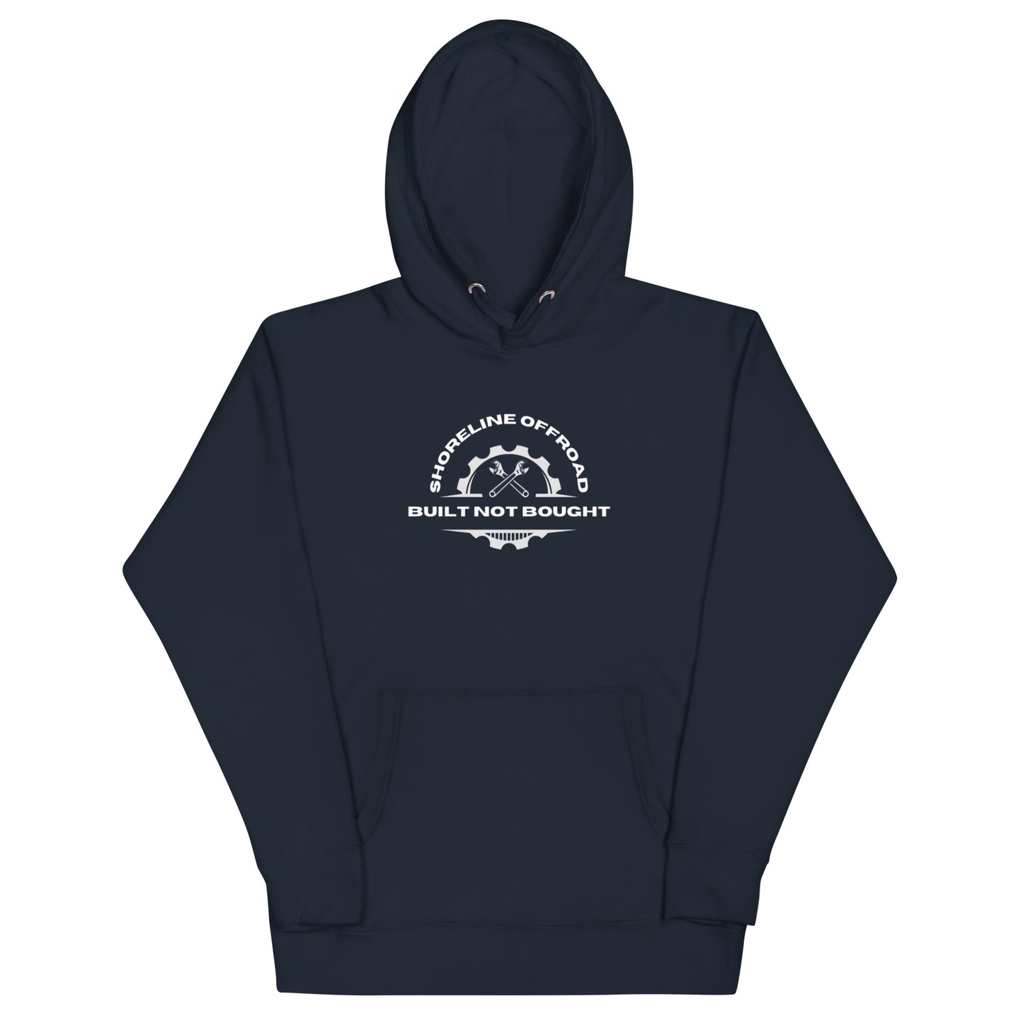 a navy hoodie with a white logo on it