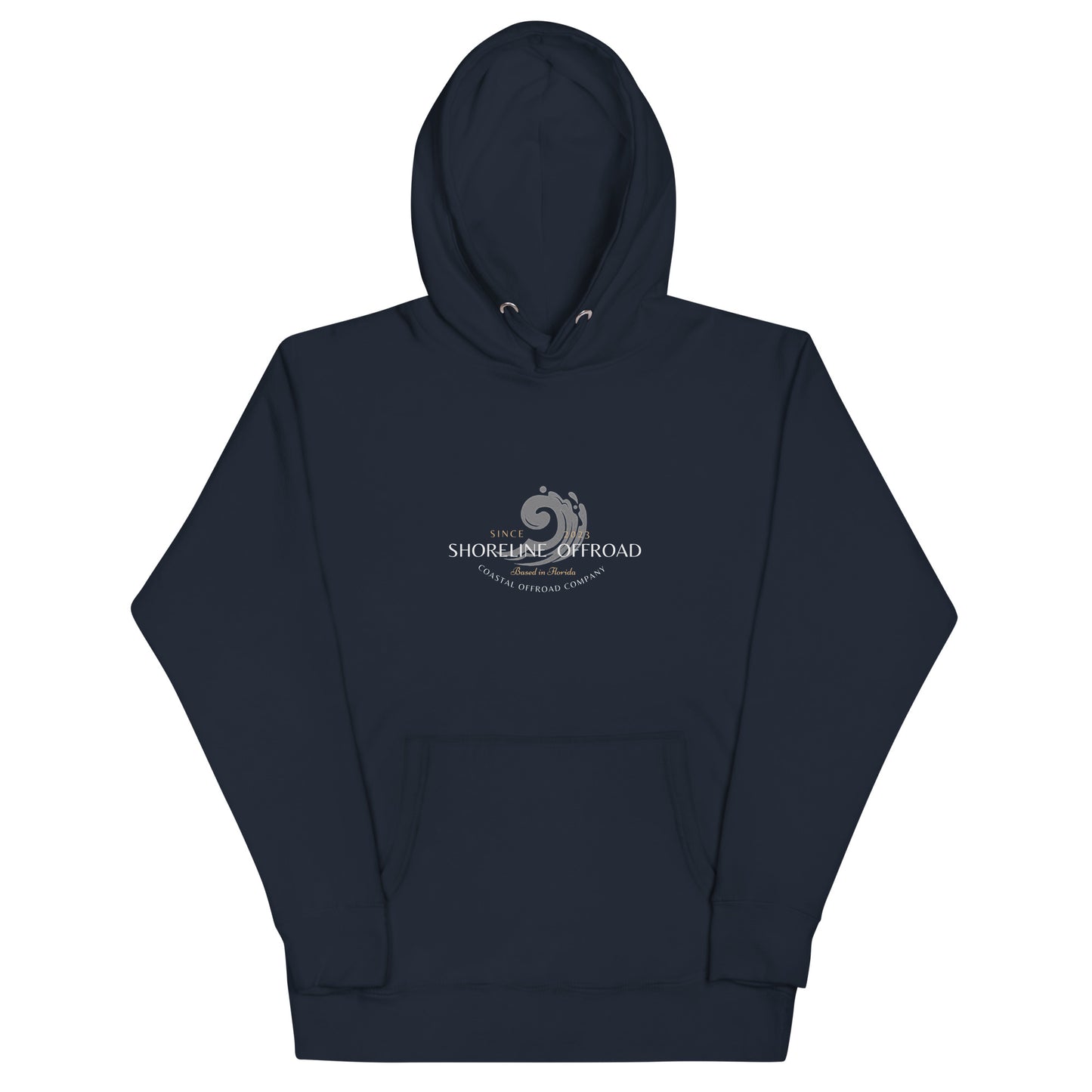 a dark blue hoodie with a white logo on it