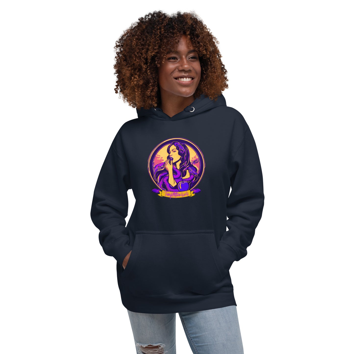 a woman wearing a hoodie with a picture of a mermaid on it