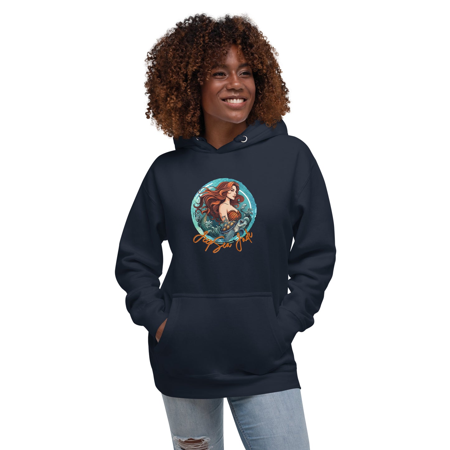 a woman wearing a dark blue hoodie with a picture of a mermaid on it