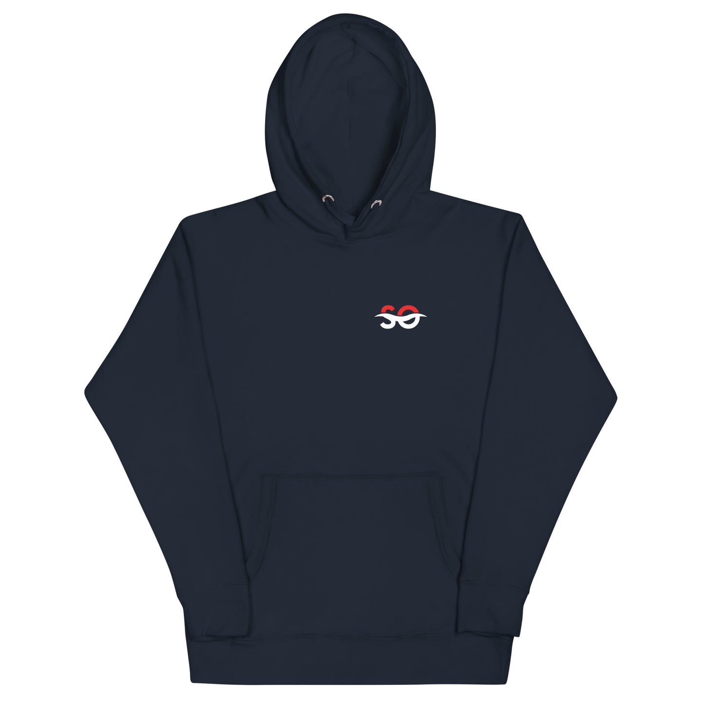 a navy hoodie with a red and white eyeball on it