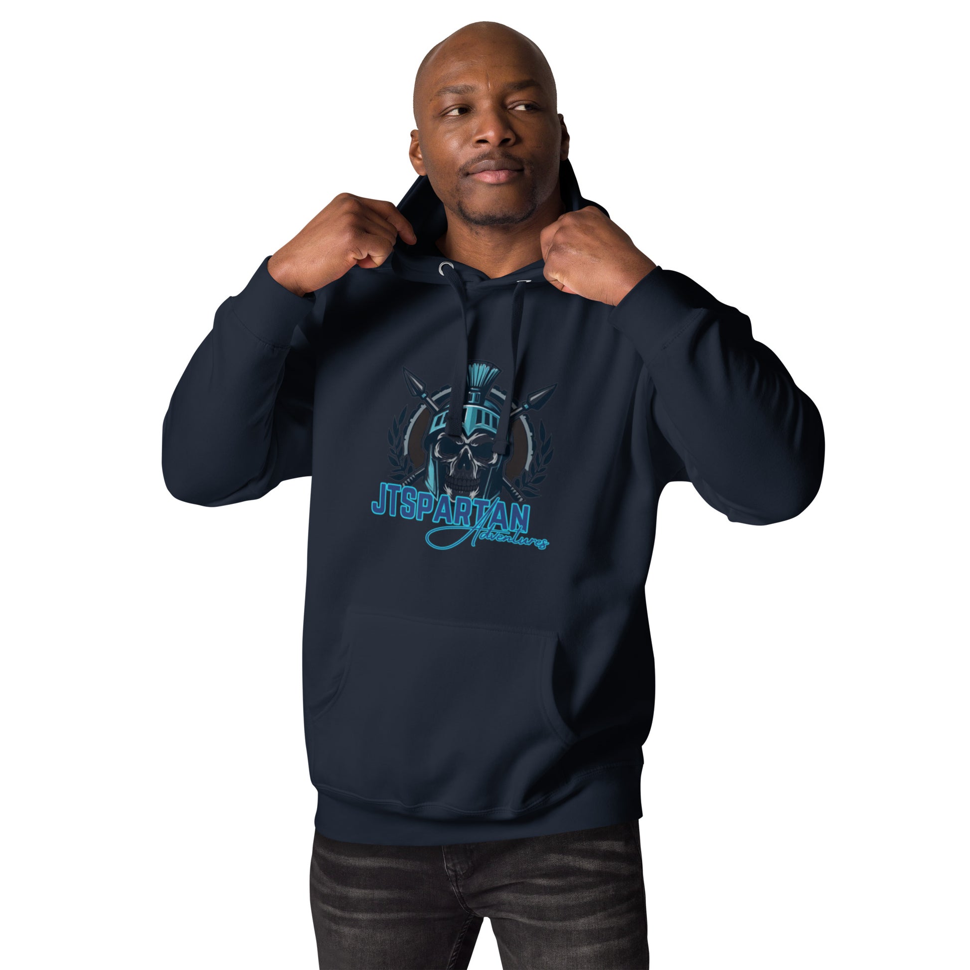 a man in a blue hoodie is posing for the camera
