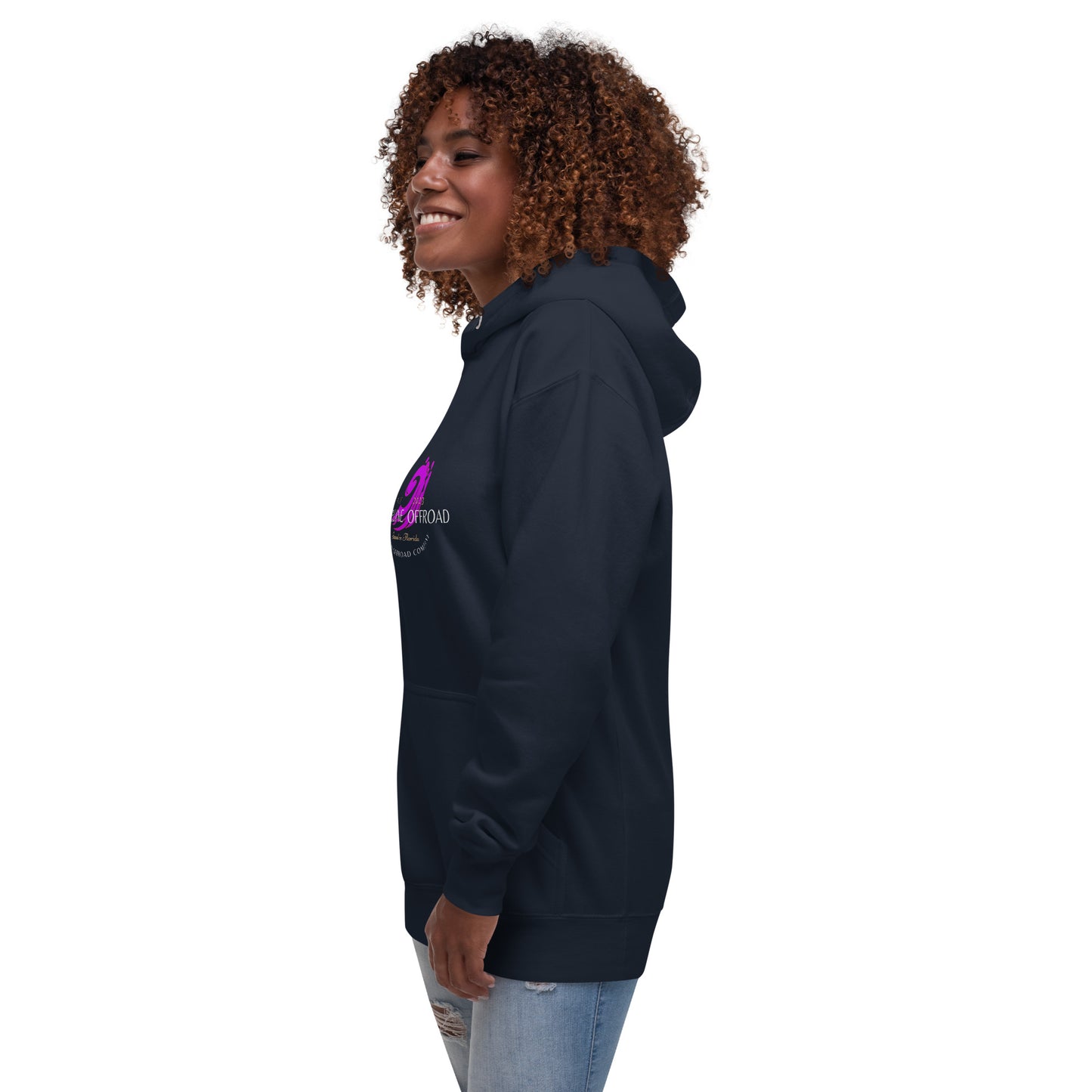 a woman wearing a black hoodie with a purple logo