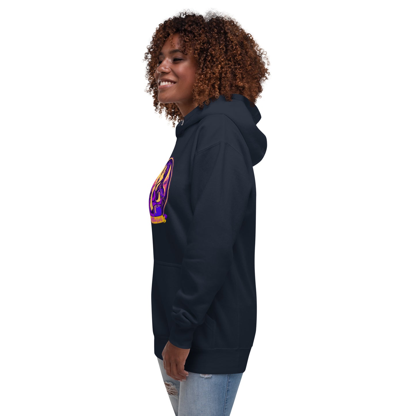 a woman wearing a black hoodie with a purple and yellow design on it