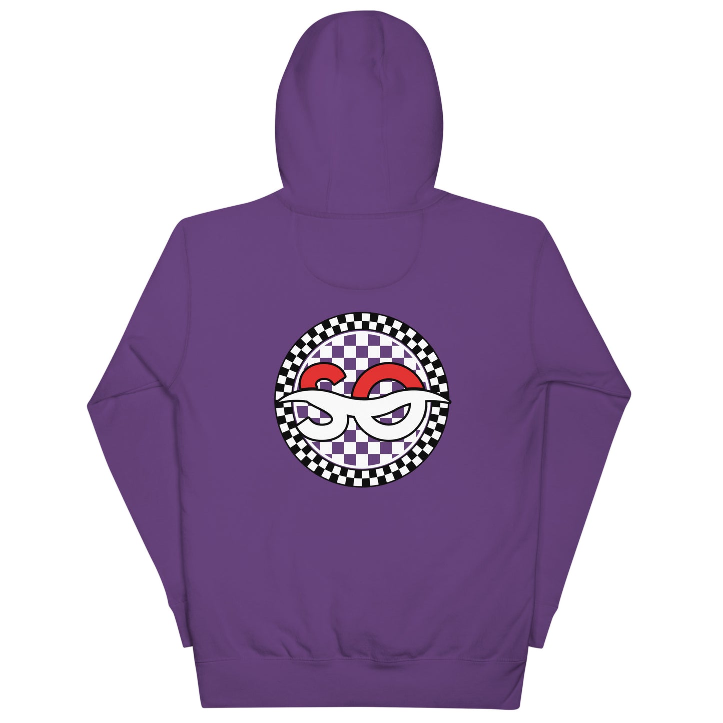 a purple hoodie with a checkered design on it