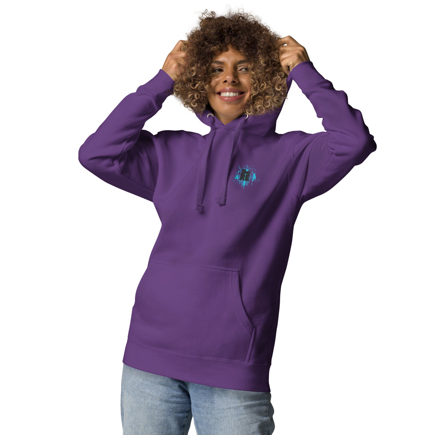 a woman wearing a purple hoodie with a shamrock on it