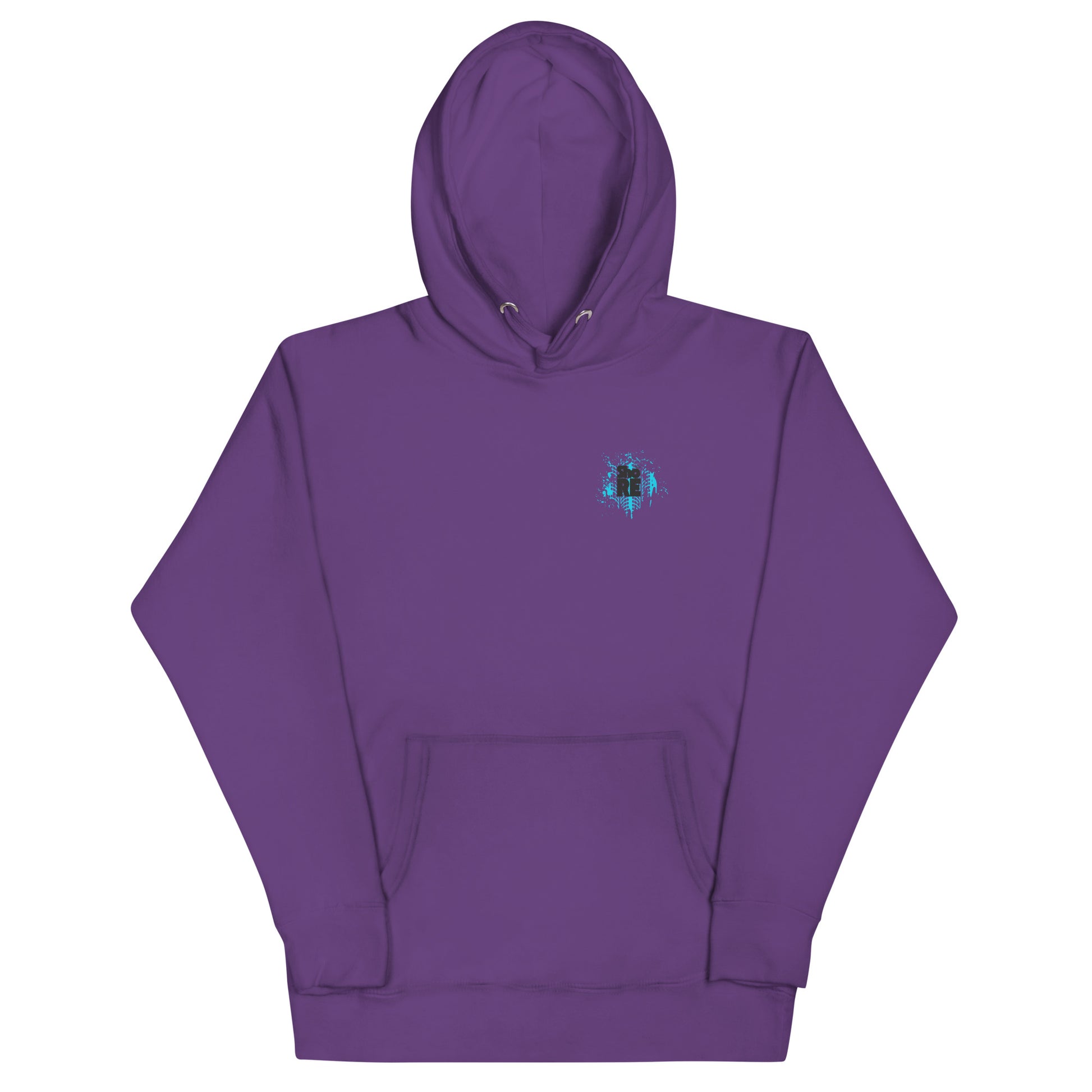 a purple hoodie with a blue logo on it