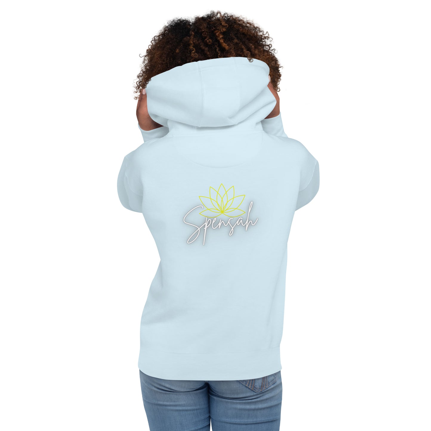 a woman wearing a white hoodie with a flower on it