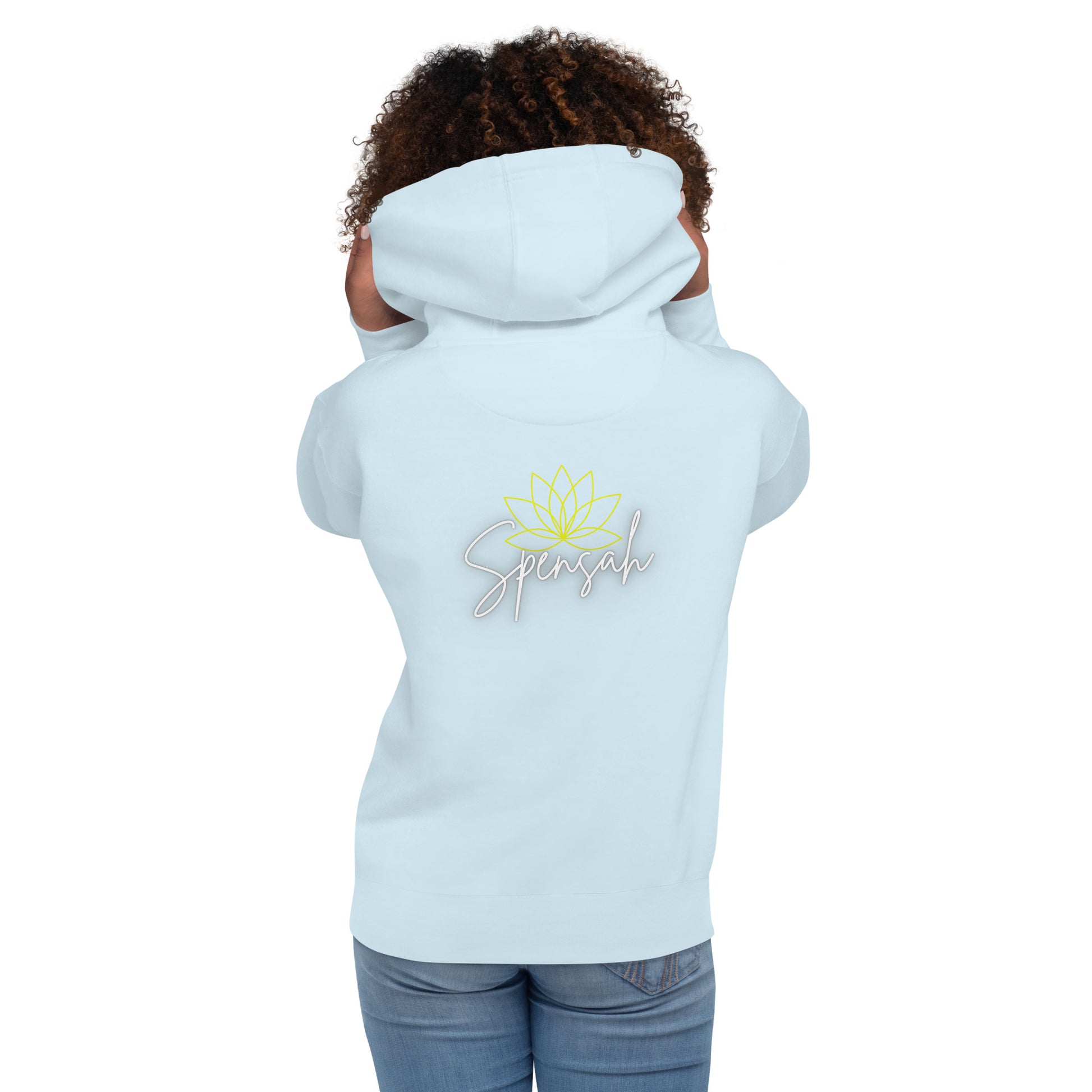 a woman wearing a white hoodie with a flower on it