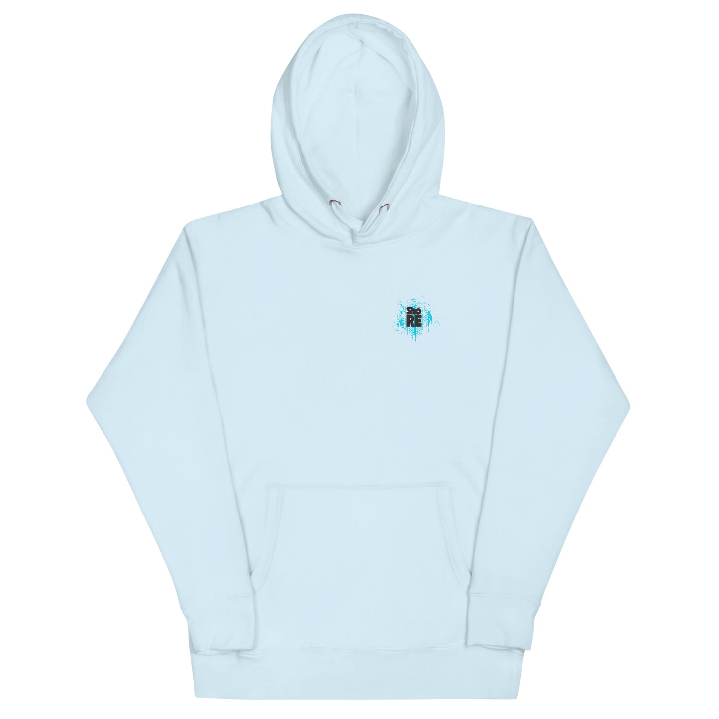 a white hoodie with a blue design on the front