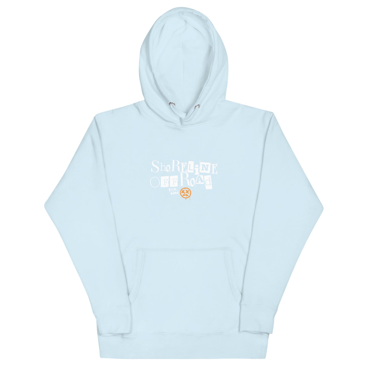 a light blue hoodie with a white logo on it