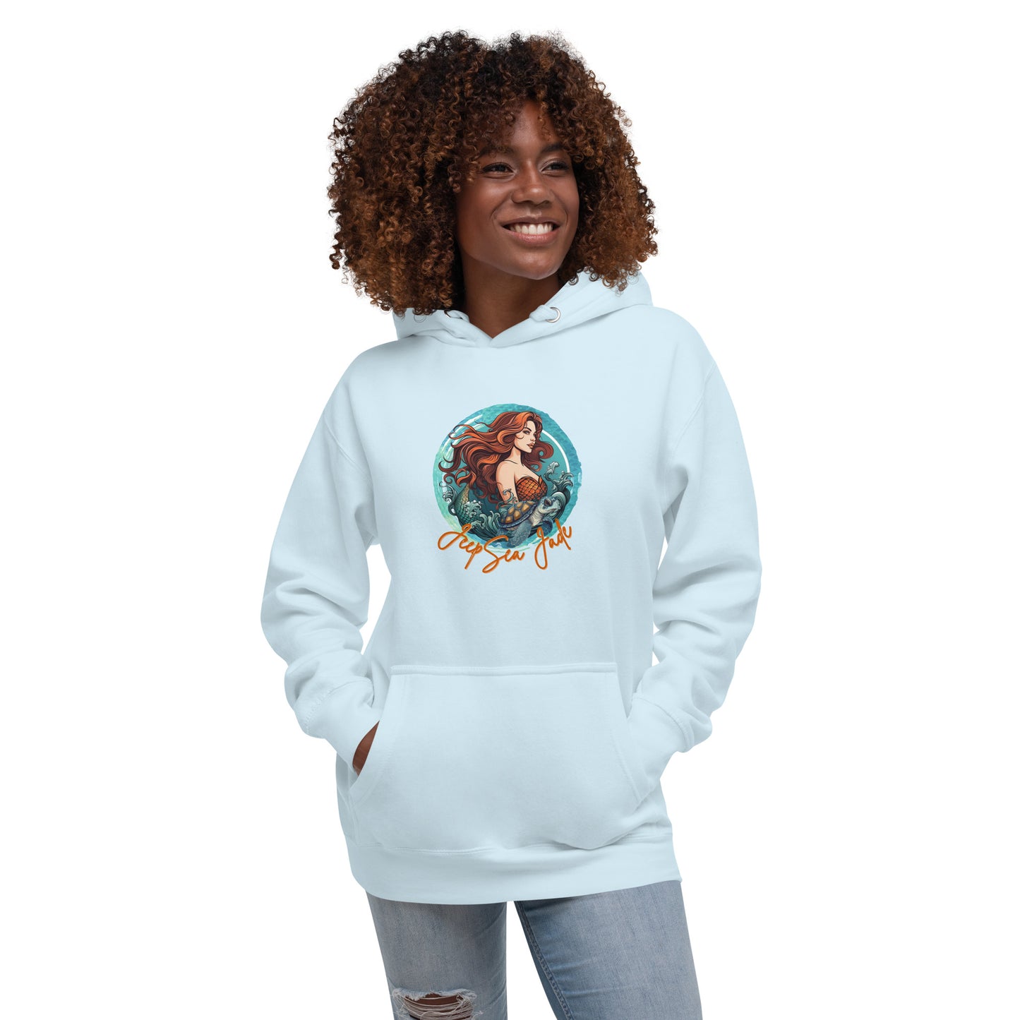 a woman wearing a white hoodie with a picture of a mermaid on it