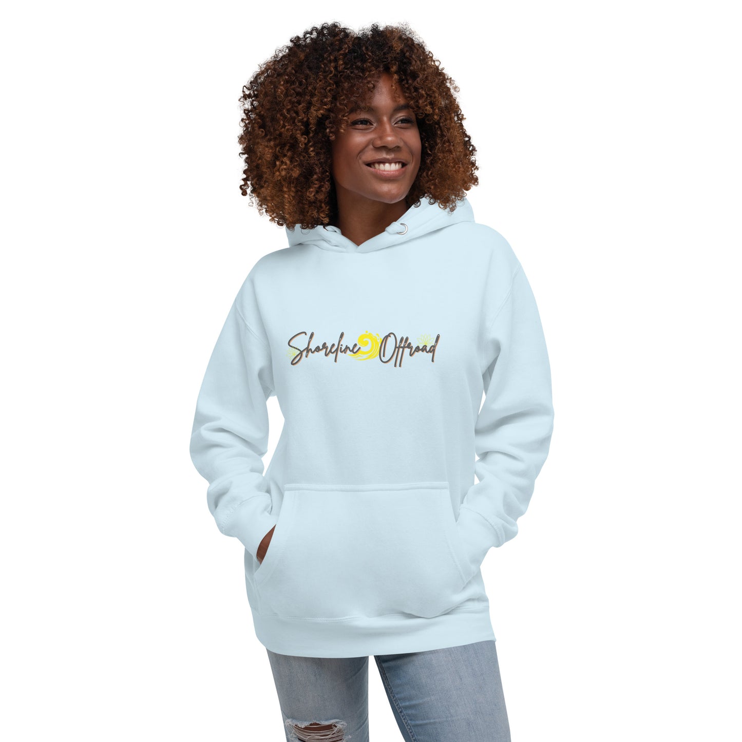 a woman wearing a white hoodie with the word sunshine on it