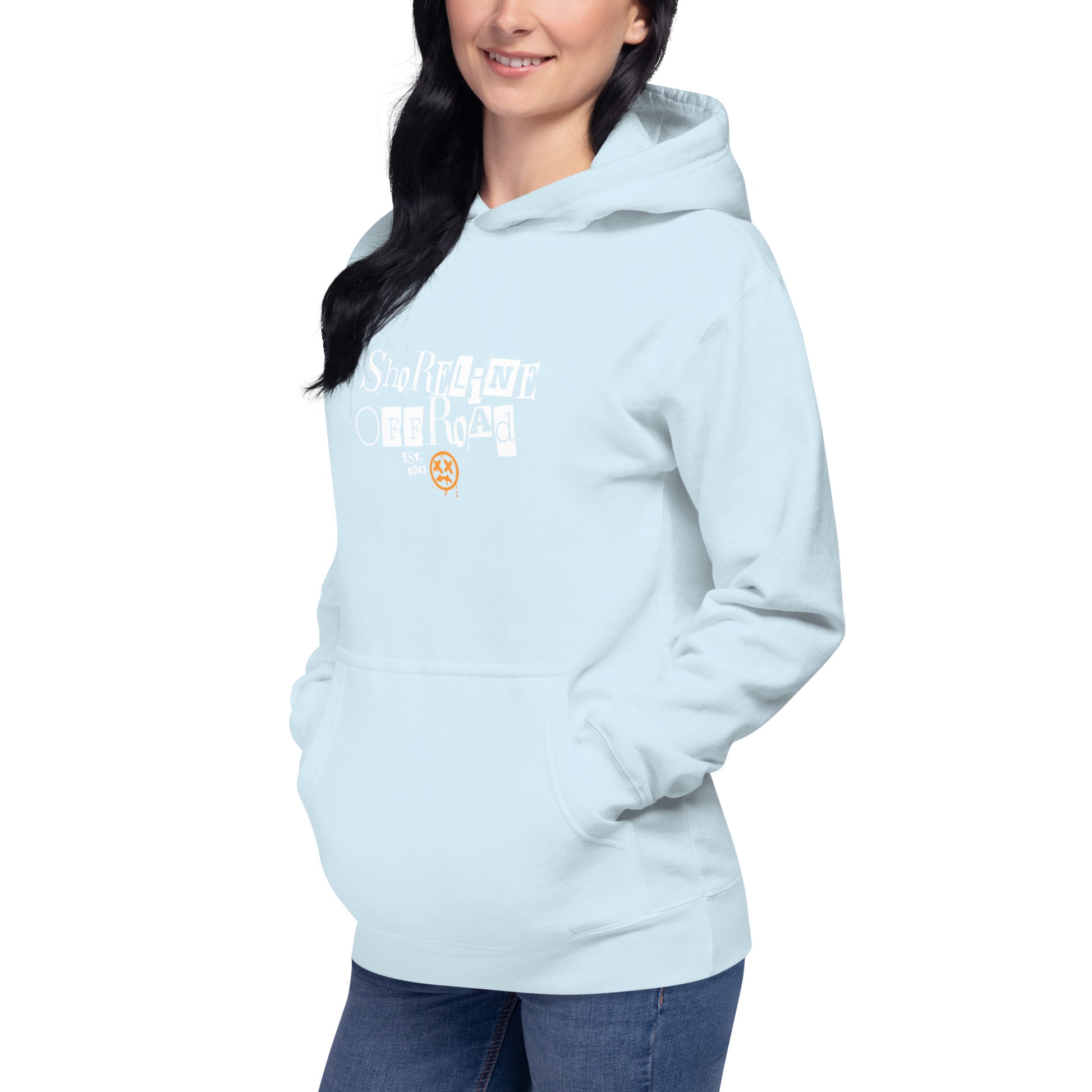 a pregnant woman wearing a light blue hoodie