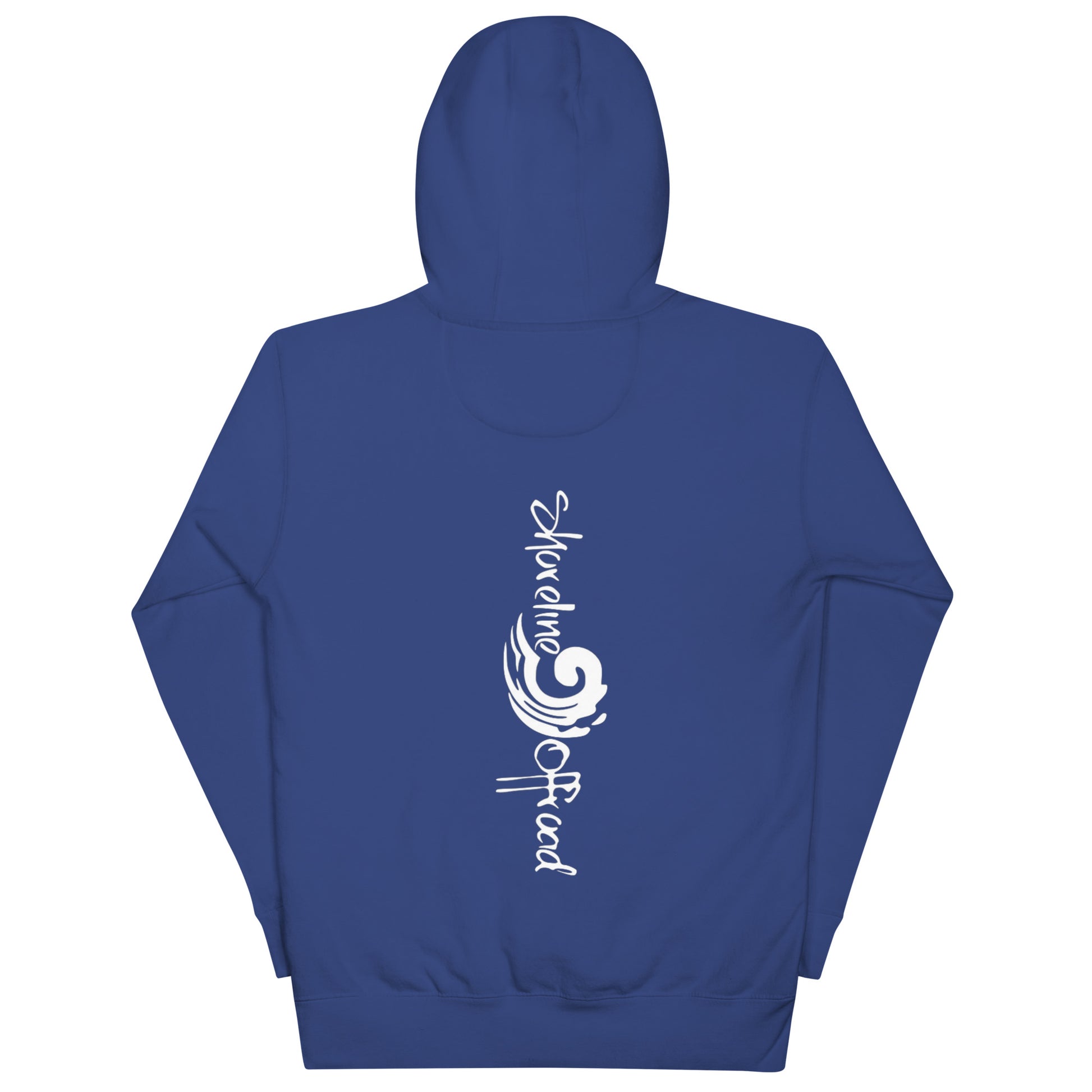 a blue hoodie with a white logo on it