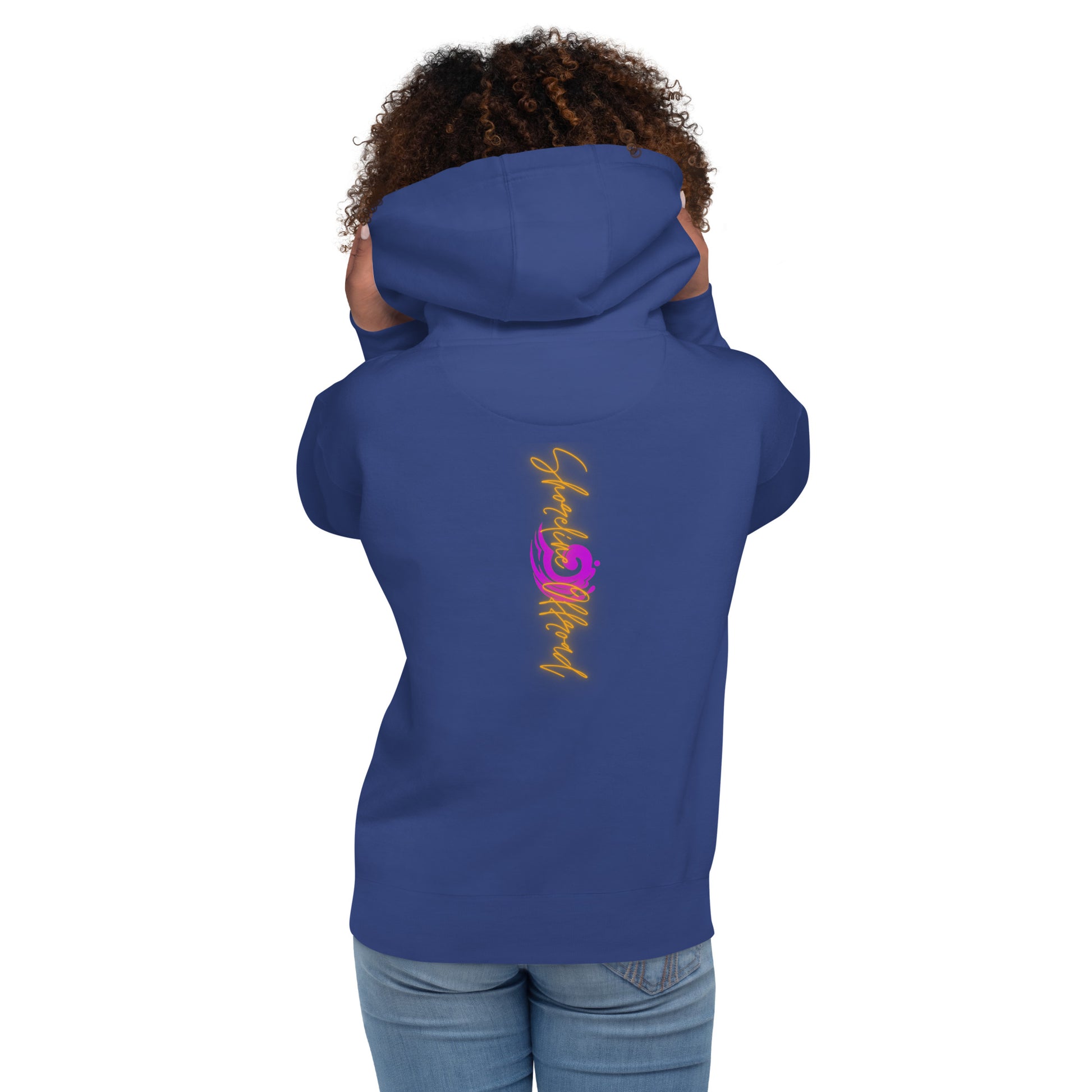 a woman wearing a blue hoodie with a dragon on it