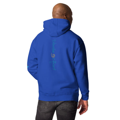 a man wearing a blue hoodie with the words, i love you, and