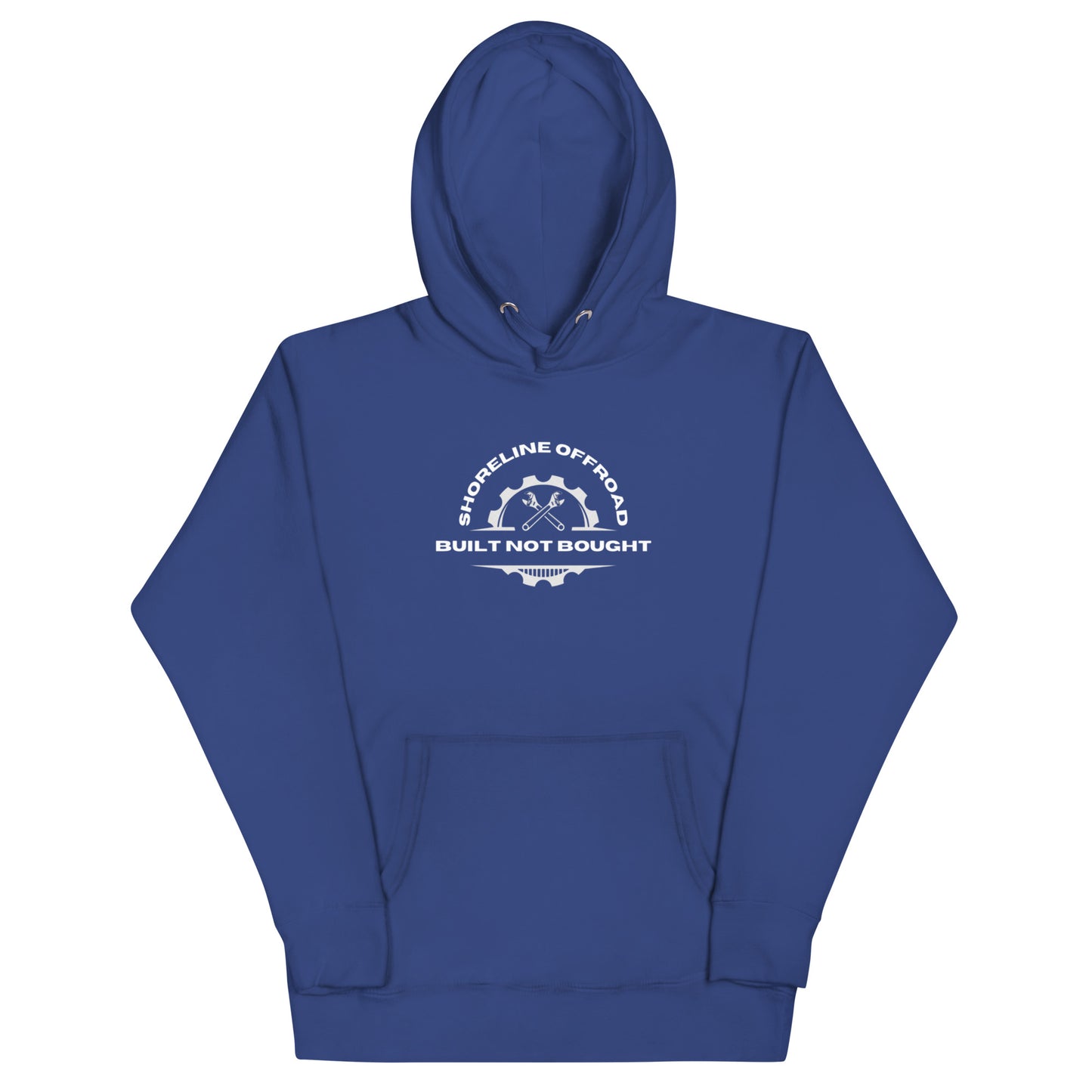 a blue hoodie with a white logo on it