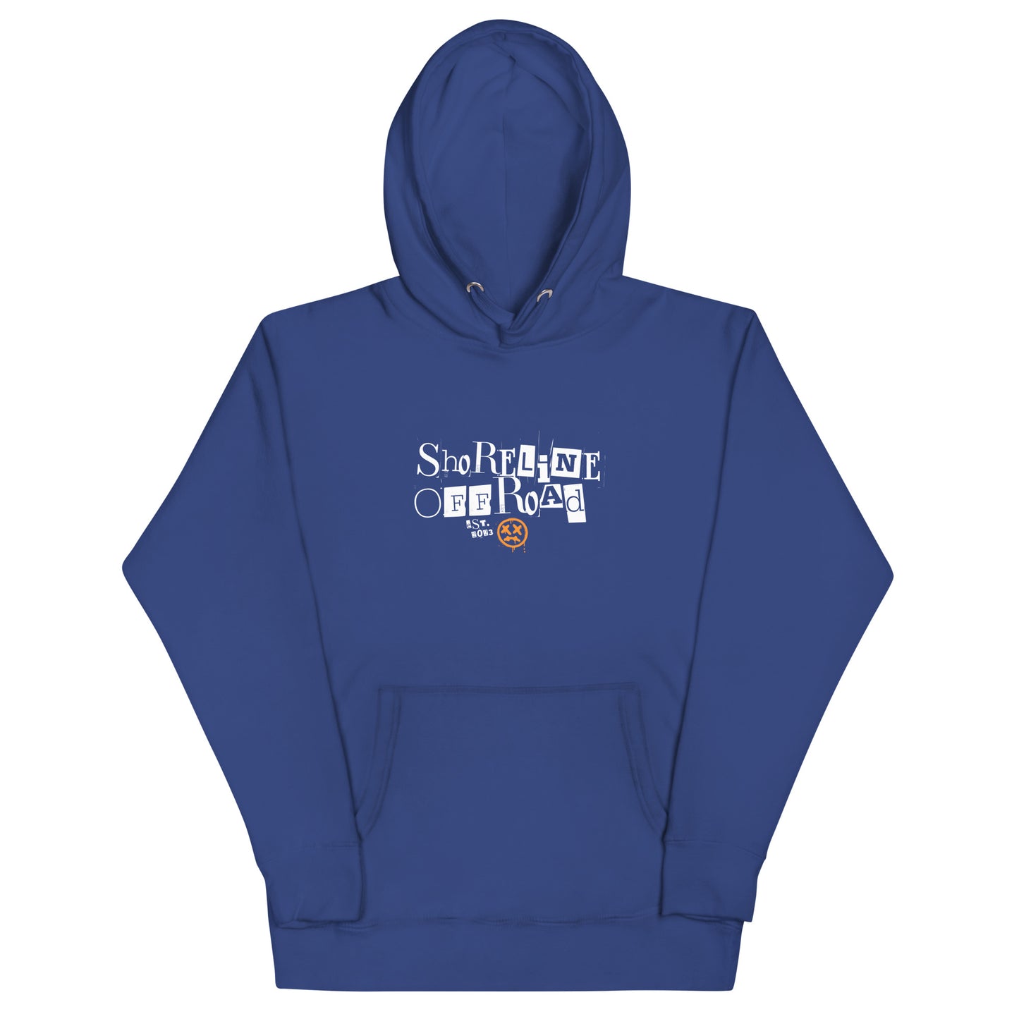 a blue hoodie with a white logo on it