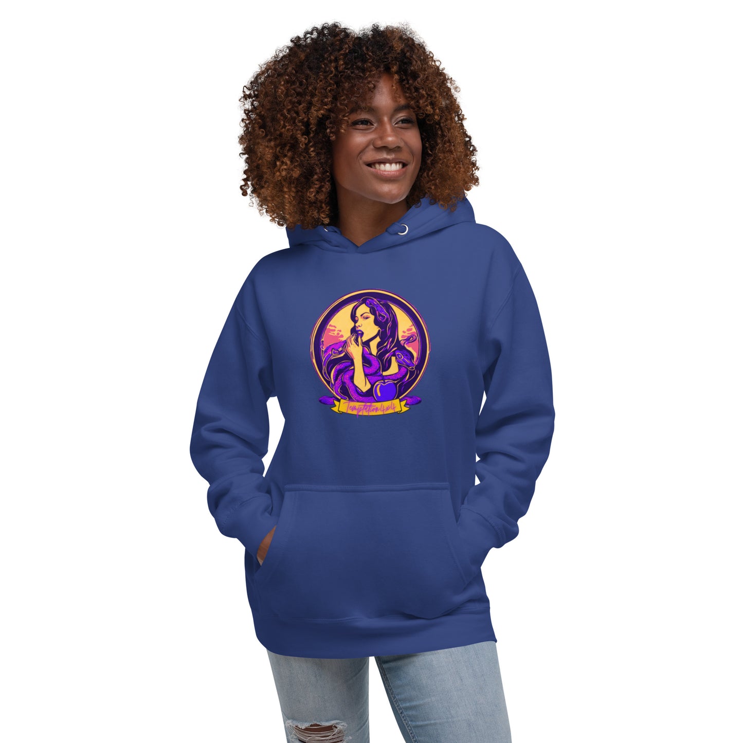 a woman wearing a blue hoodie with a picture of a mermaid on it