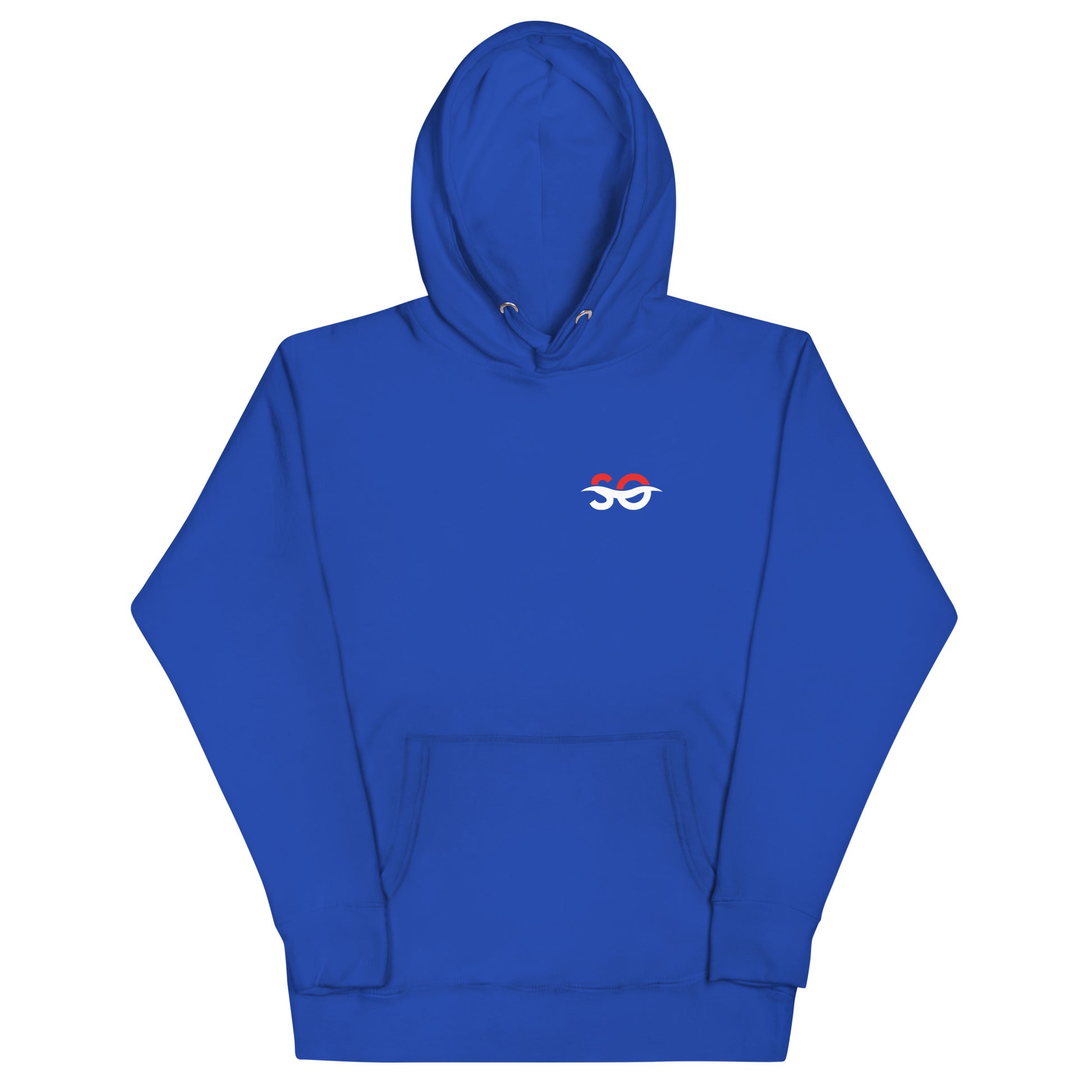 a blue hoodie with a red, white and blue logo