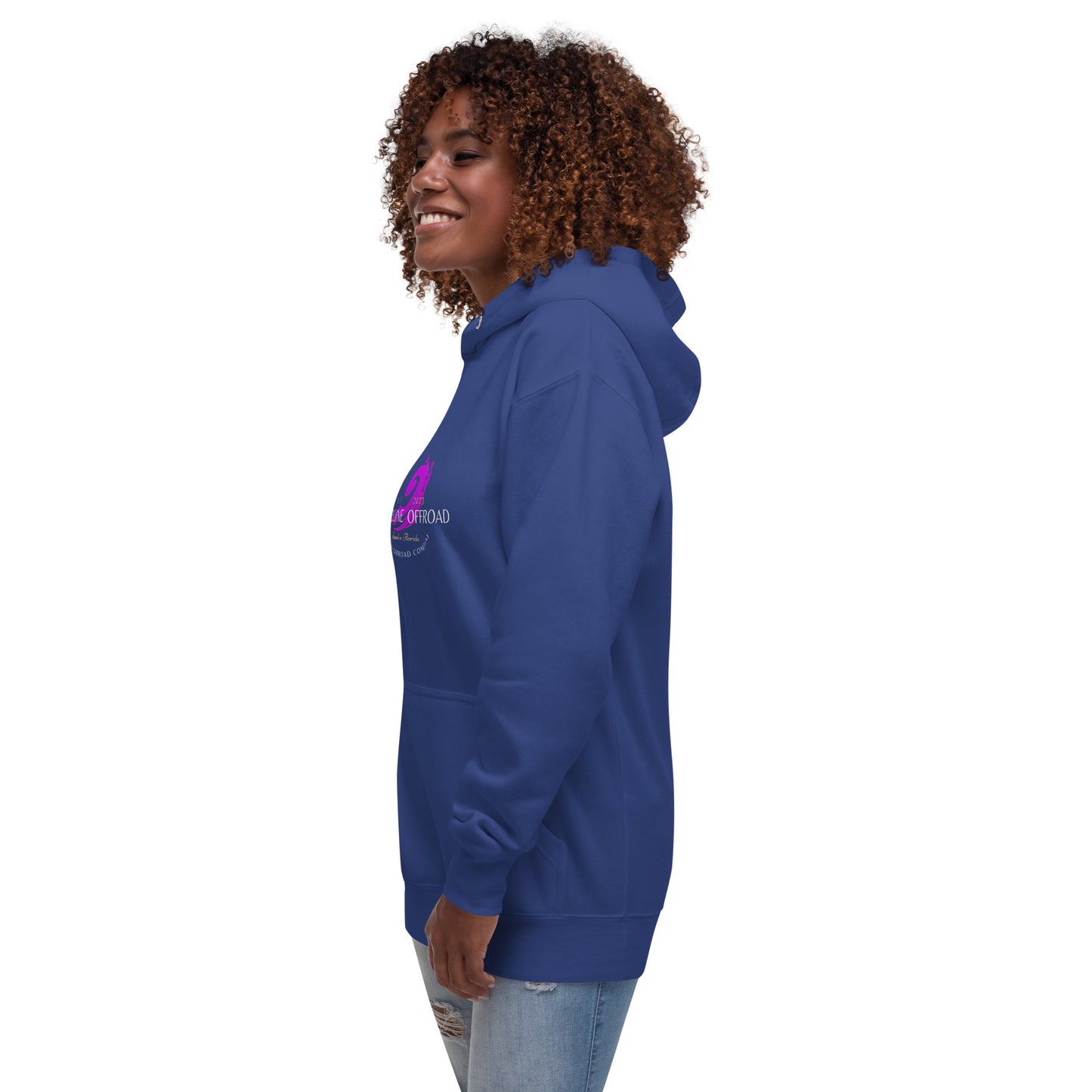 a woman wearing a blue hoodie with a pink logo