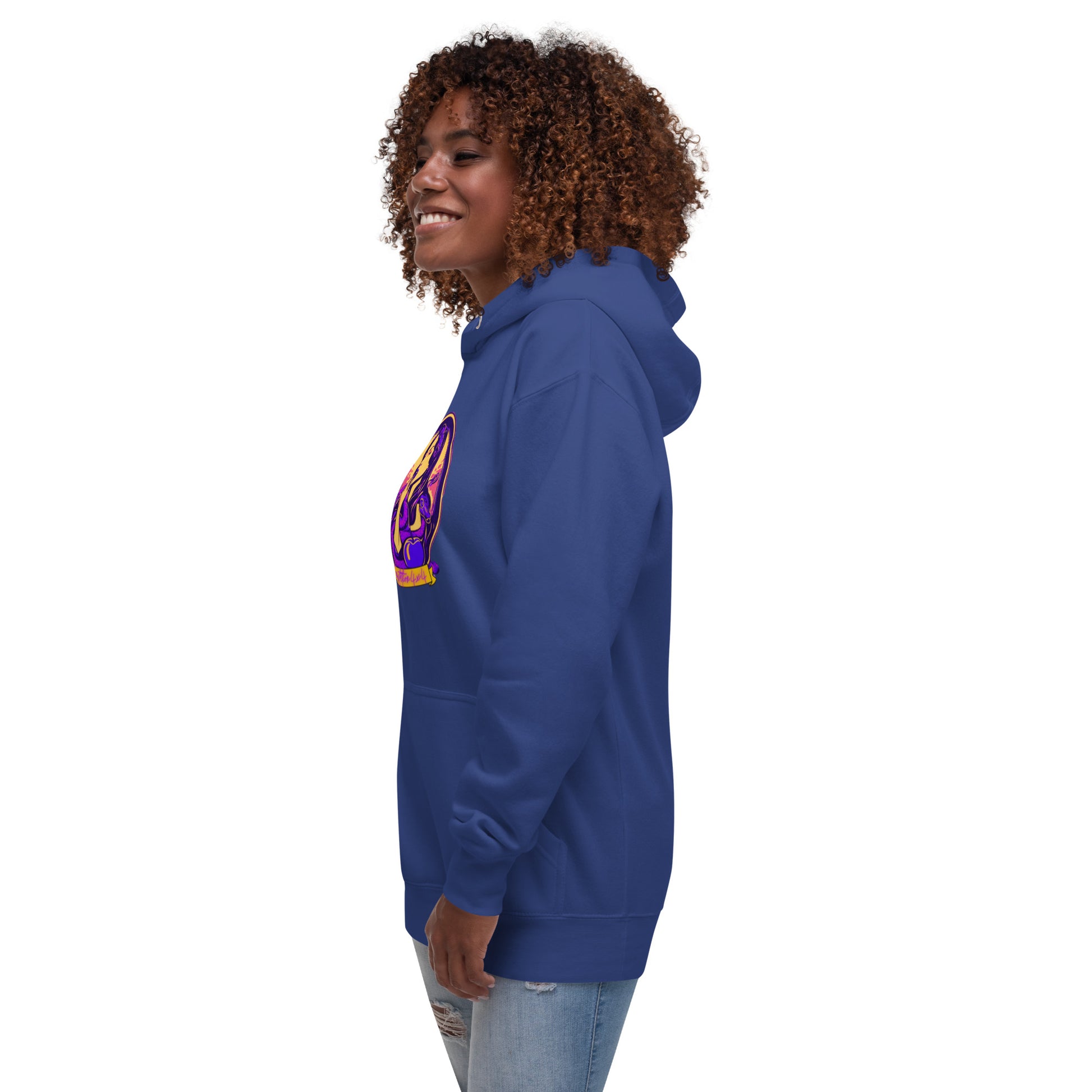 a woman wearing a blue hoodie with a purple dragon on it