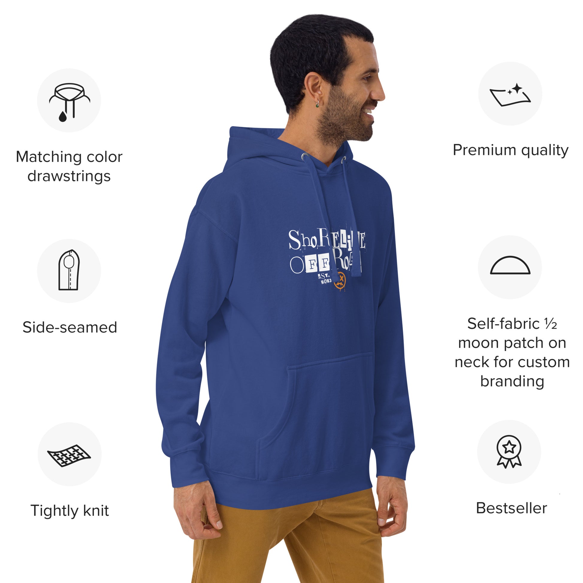 a man wearing a blue hoodie with the words self fabric on it