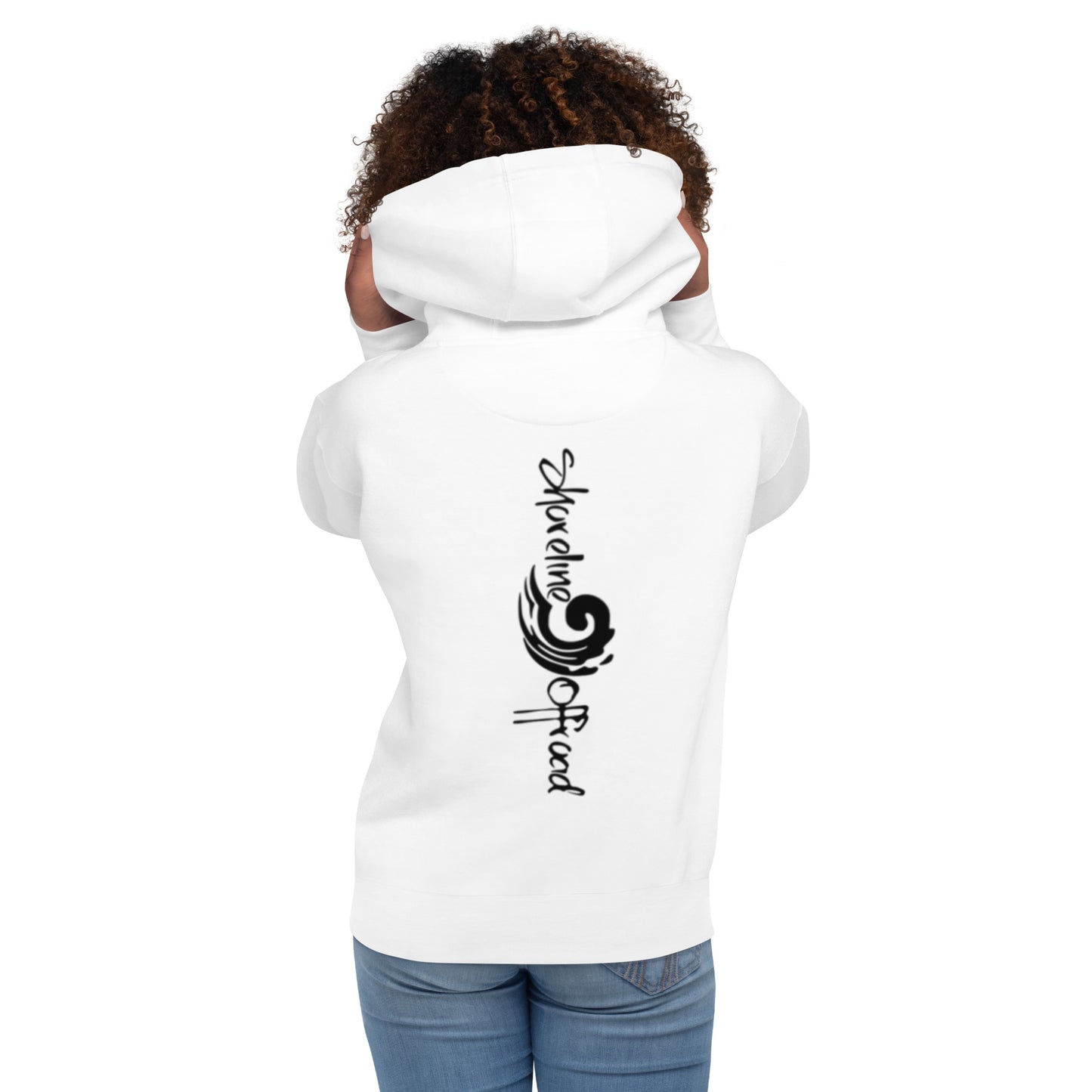 a woman wearing a white hoodie with a black design on it