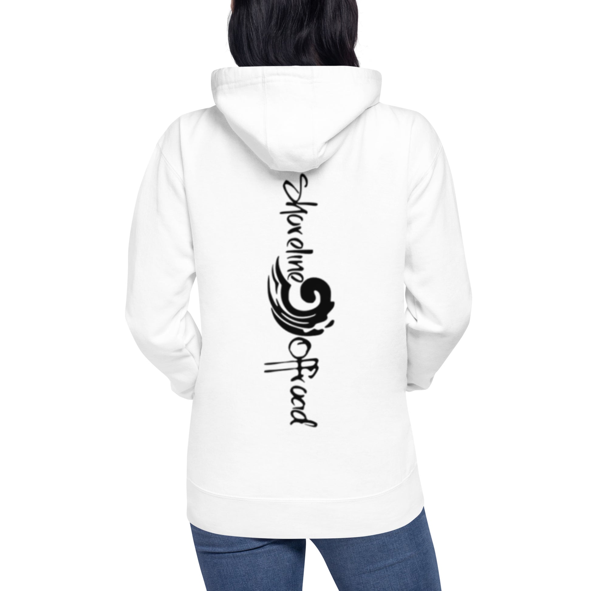 a woman wearing a white hoodie with black lettering