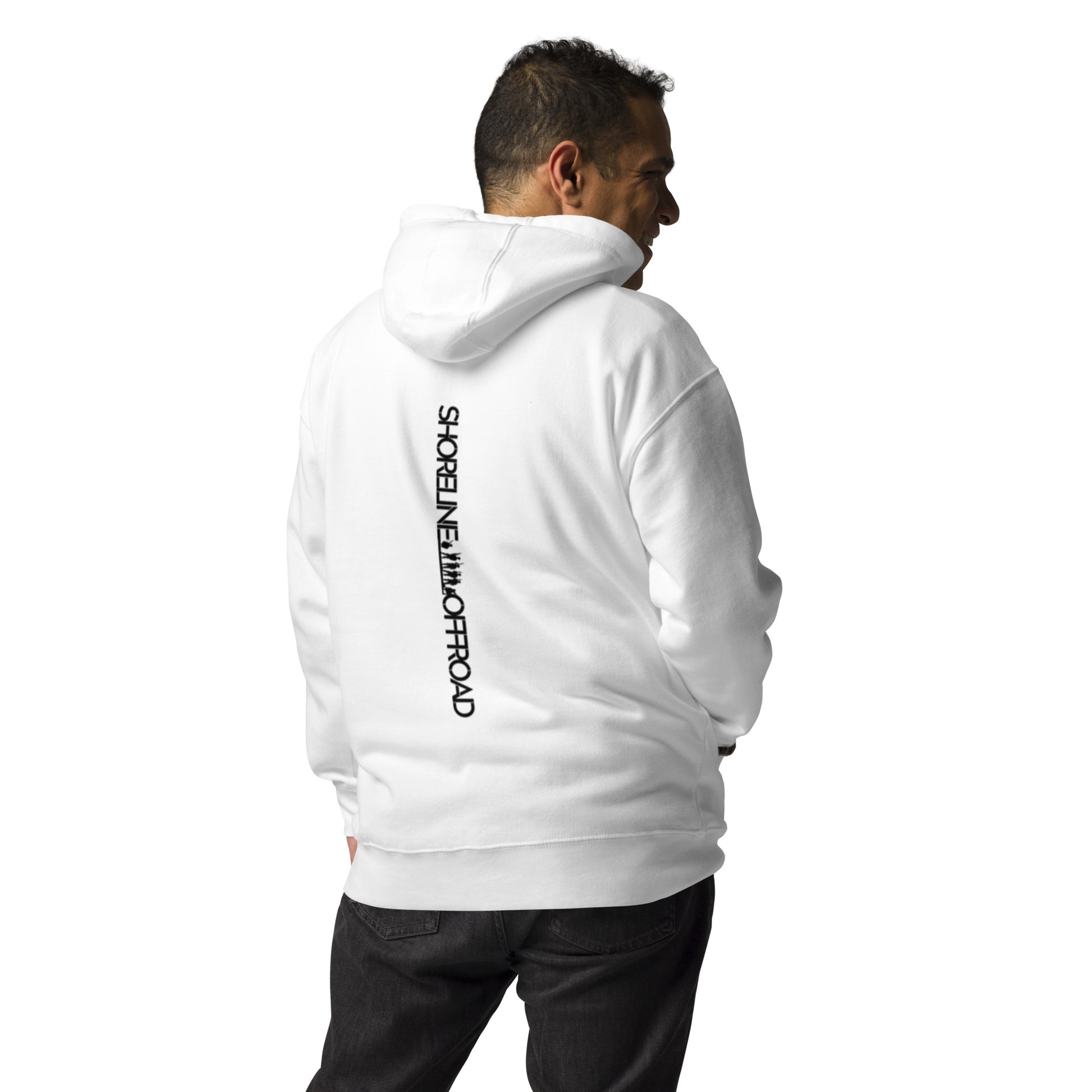 a man wearing a white hoodie with a black and white logo