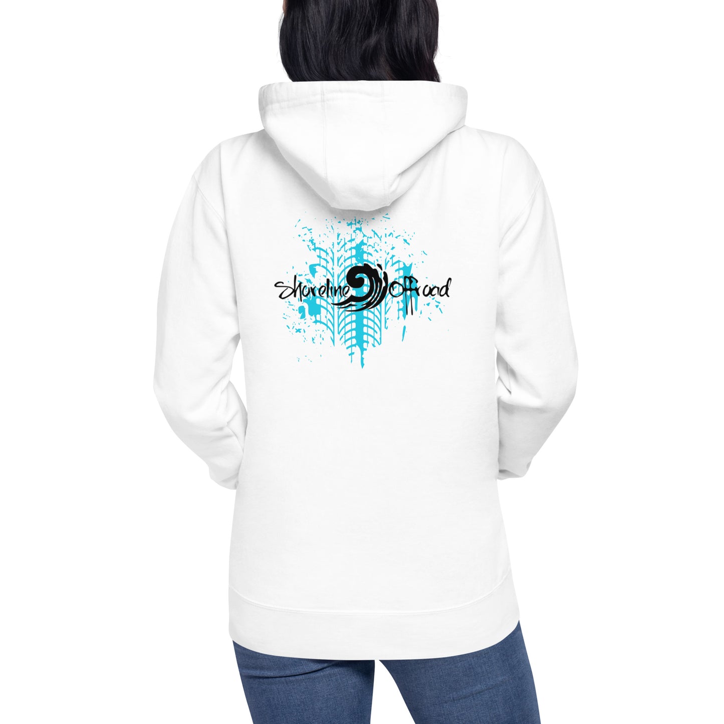 a woman wearing a white hoodie with a black and blue design on it